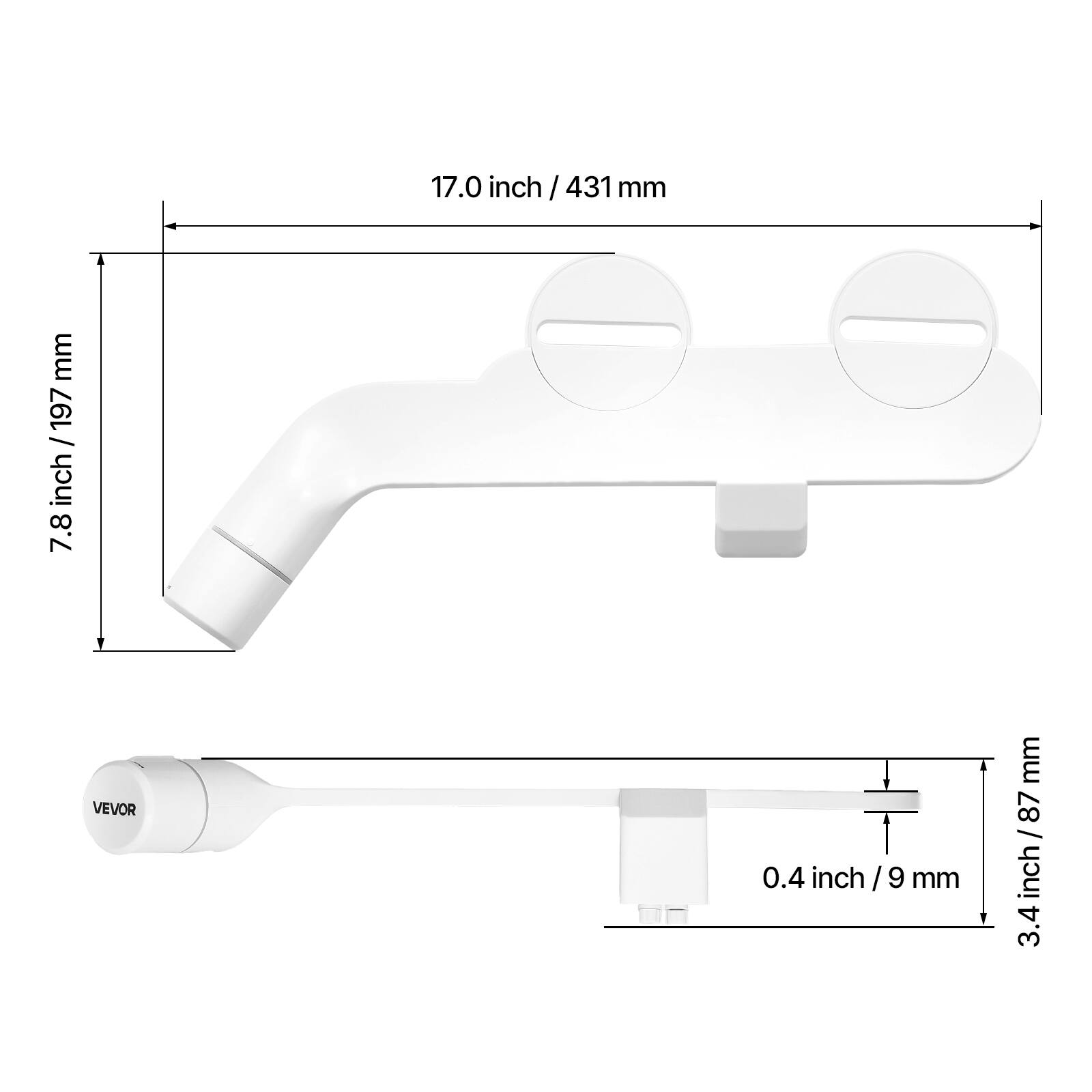 17.0 inch / 431 mm, 7.8 inch / 197 mm, 0.4 inch / 9 mm, 3.4 inch / 87 mm, VEVOR.