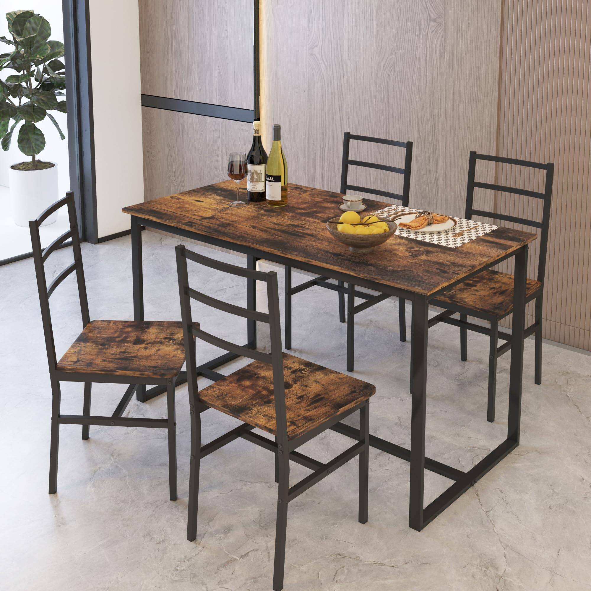 Front. Ecooso - Five-piece set table and chair with backrest, industrial style, solid structure - Brown.