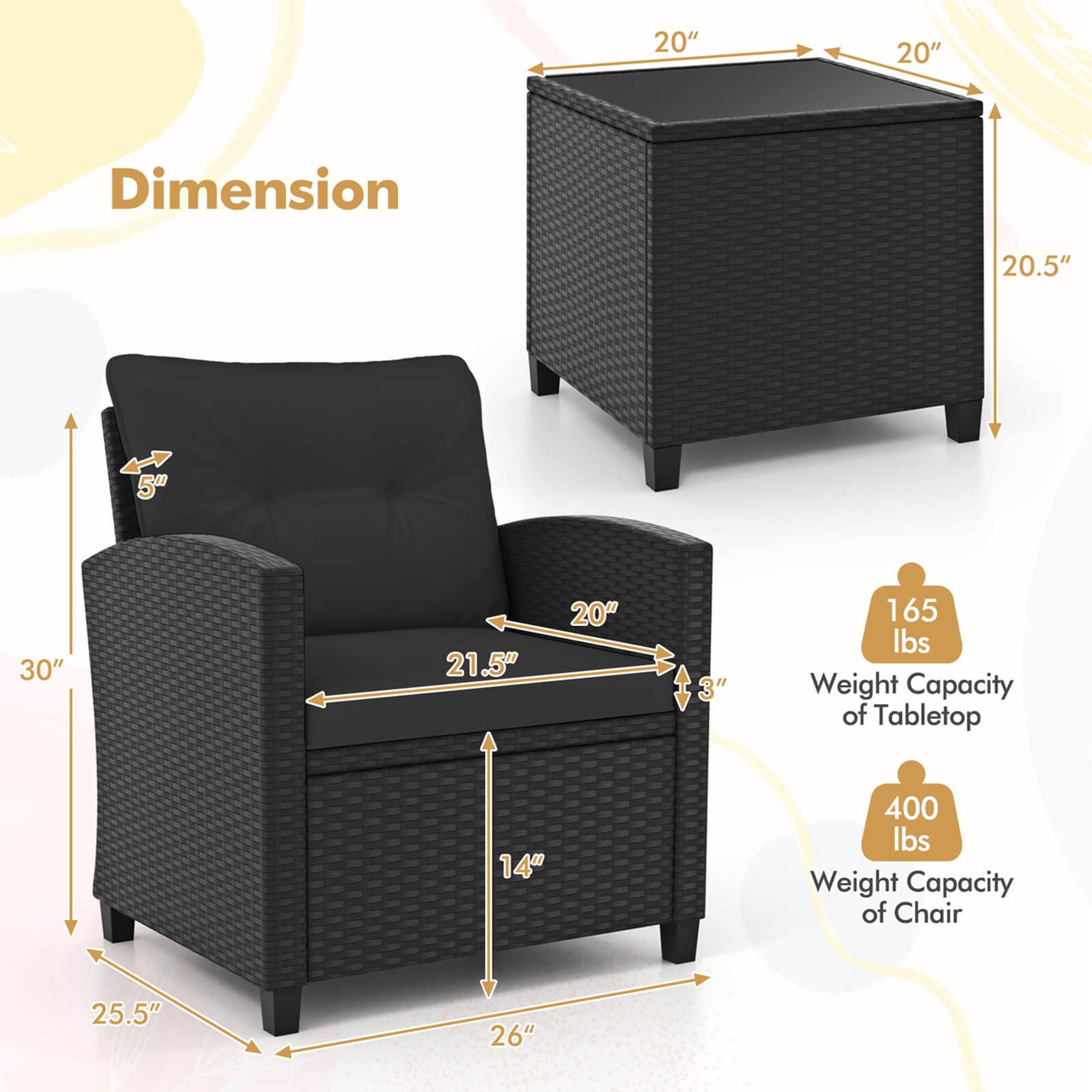 The text on the image reads:

Dimension: 20" 20"

20.5" 5"

30" 21.5"

20" 3"

165 lbs Weight Capacity of Tabletop

14" 400 lbs

Weight Capacity of Chair

25.5" 26"