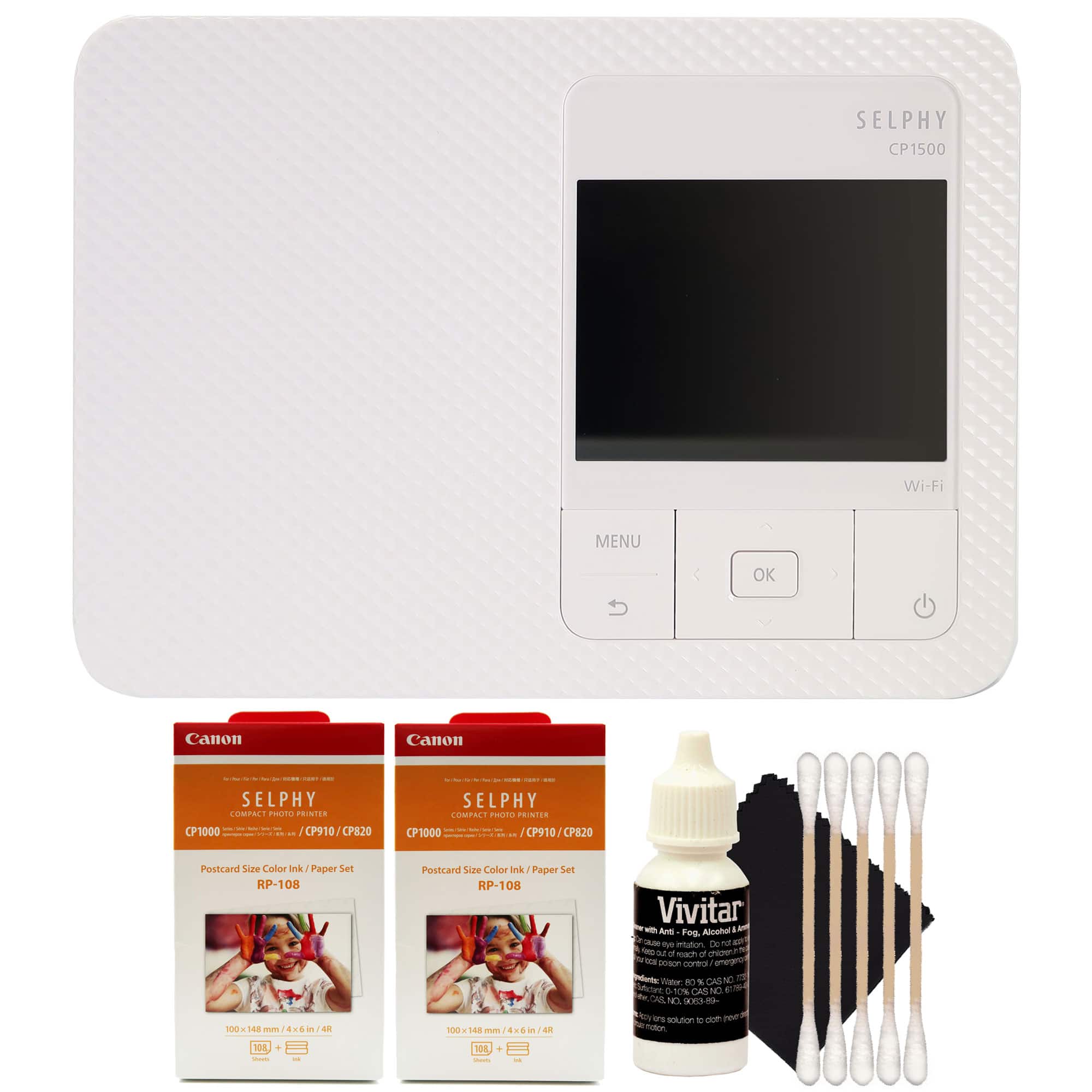 Canon - SELPHY CP1500 Compact Photo Printer, 2x RP-108 High-Capacity Color Ink and Paper Set, 3pc Cleaning Kit - White