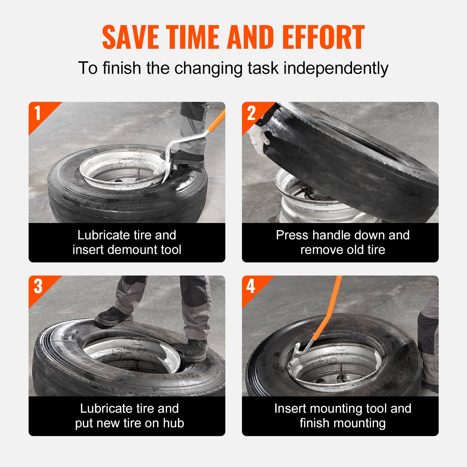 SAVE TIME AND EFFORT  
To finish the changing task independently

1. Lubricate tire and insert demount tool
2. Press handle down and remove old tire
3. Lubricate tire and put new tire on hub
4. Insert mounting tool and finish mounting