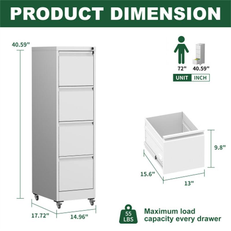 PRODUCT DIMENSION

- Height: 40.59"
- Width: 17.72"
- Depth: 14.96"

UNIT: INCH

- Drawer Height: 9.8"
- Drawer Width: 15.6"
- Drawer Depth: 13"

Maximum load capacity every drawer: 55 LBS