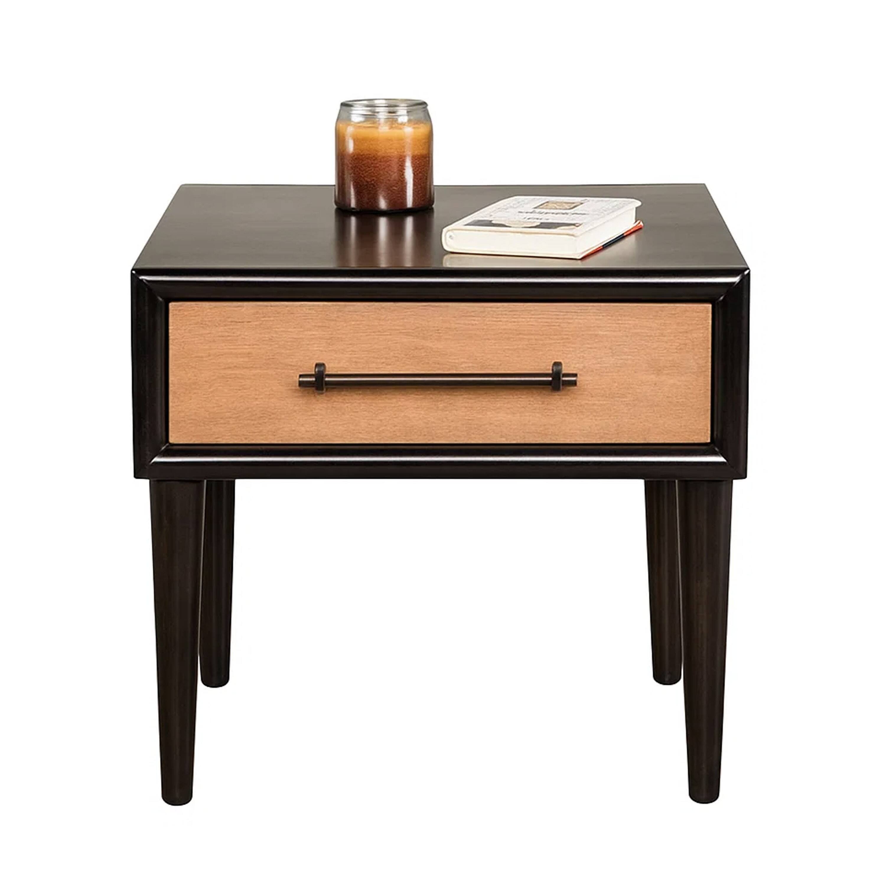 Angle. Manhattan Lane - Lucas Side End Table, 1 Drawer, Brown, Black Solid Rubberwood, 24 Inch - White Wash Brown, Black.