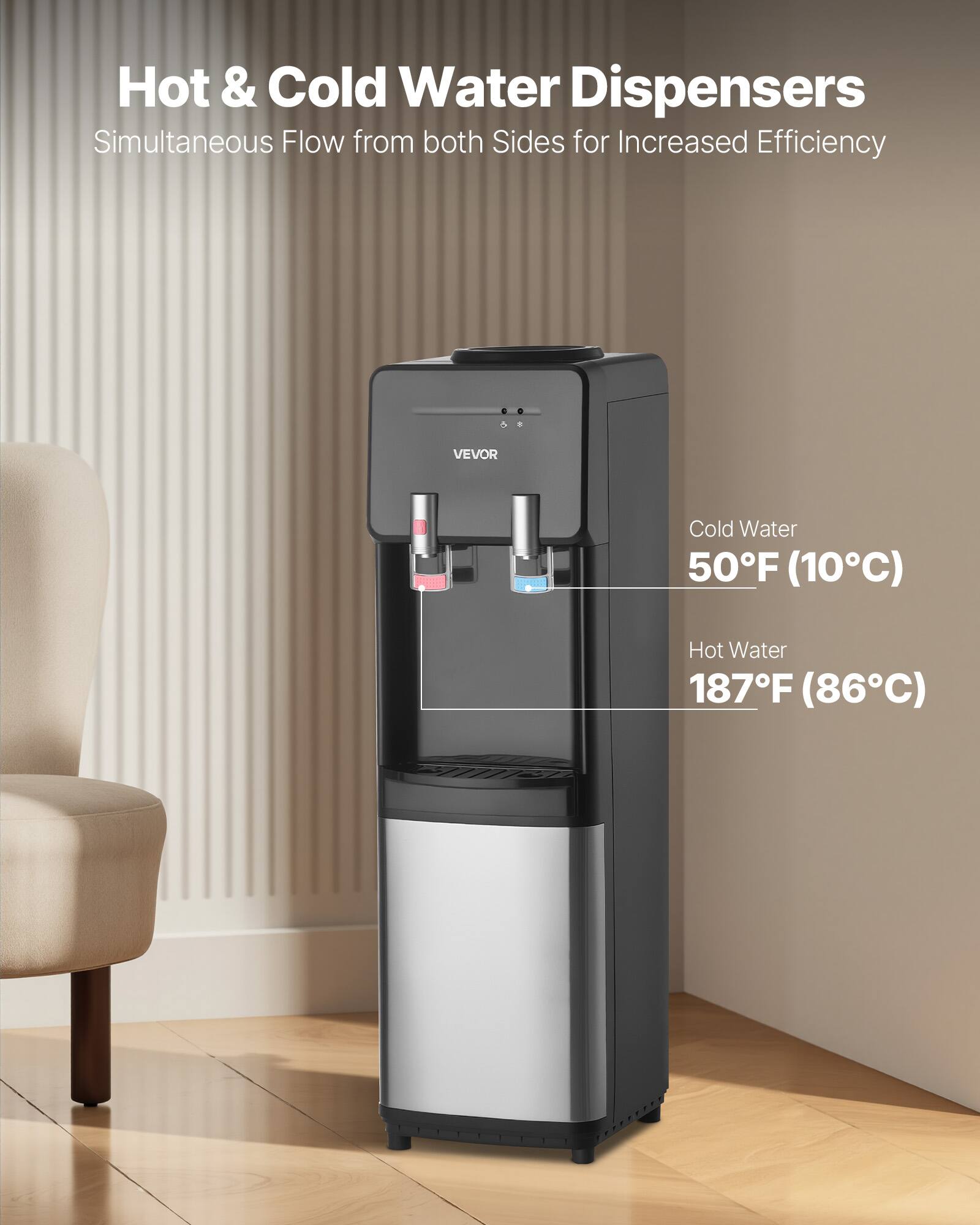 Hot & Cold Water Dispensers  
Simultaneous Flow from both Sides for Increased Efficiency  

Cold Water  
50°F (10°C)  

Hot Water  
187°F (86°C)