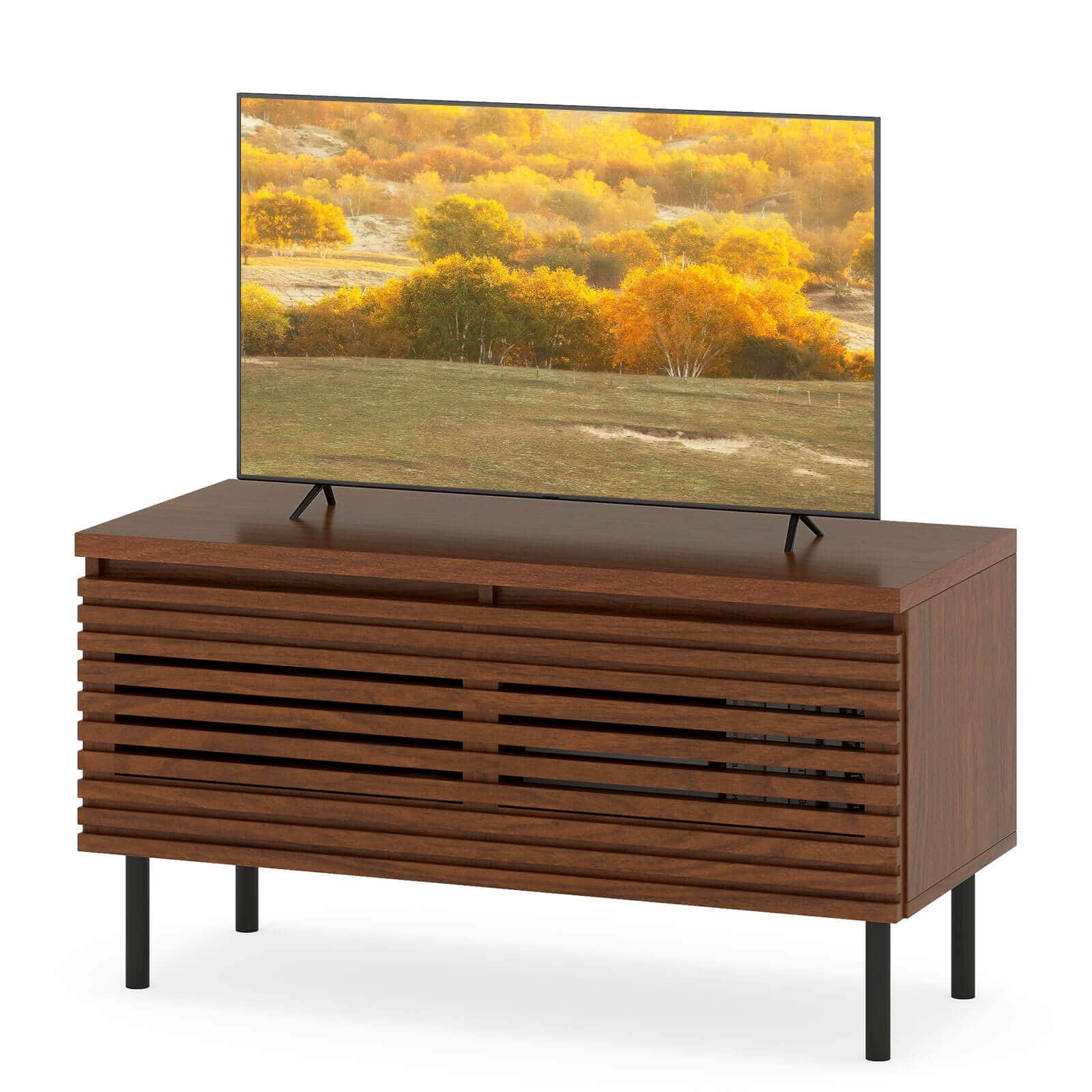 Front. Costway - Costway Mid Century Fluted TV Stand for 40" TV Console Table with or 2 Hidden Compartments - Walnut.