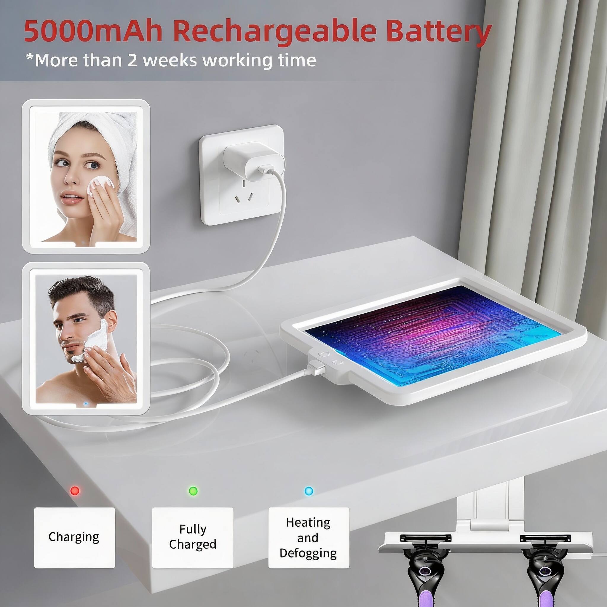 5000mAh Rechargeable Battery  
*More than 2 weeks working time  

Charging  
Fully Charged  
Heating and Defogging