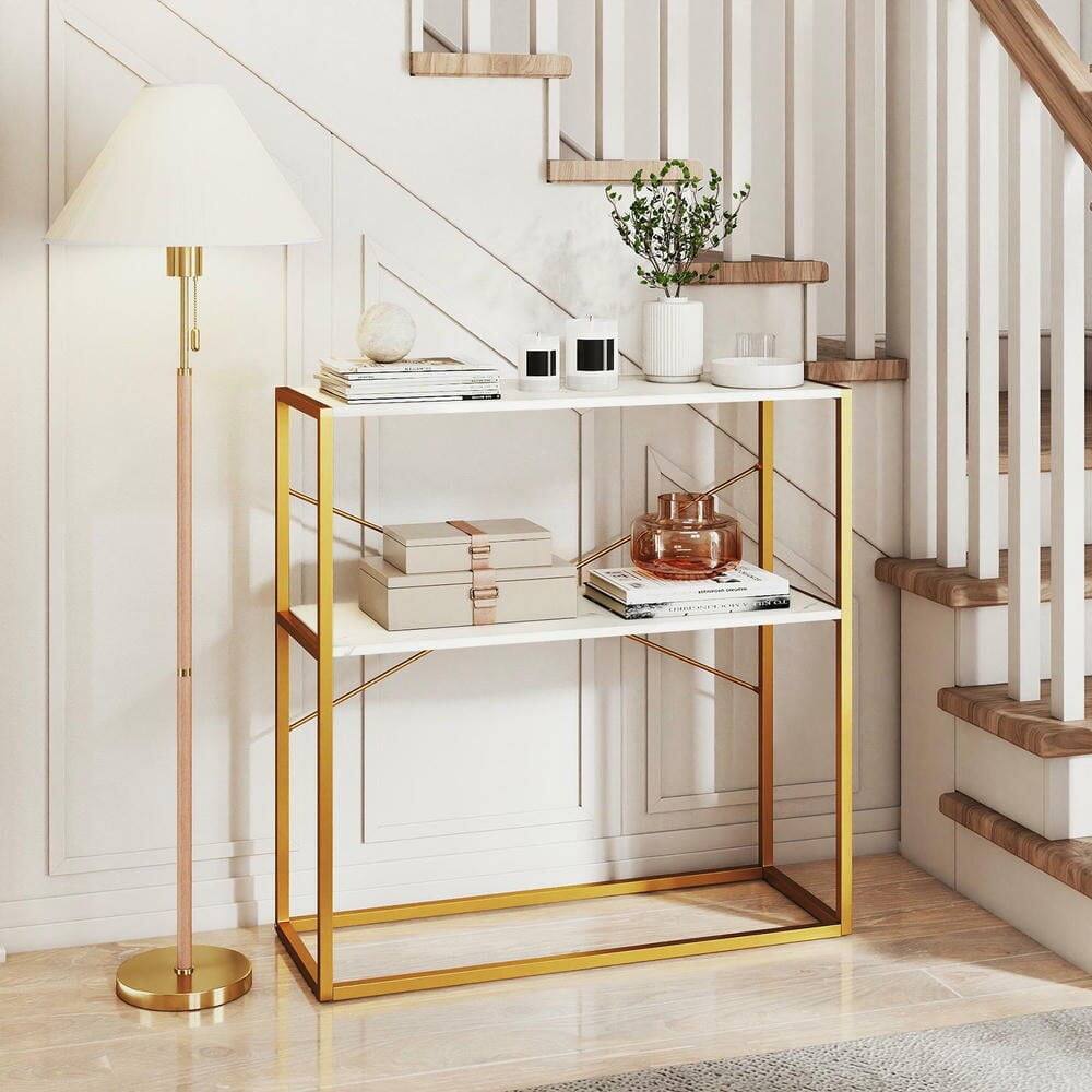 Back. Resenkos - 36" 2-Tier Entryway Console Table with Wooden Open Shelves & Metal Frame, White - White.