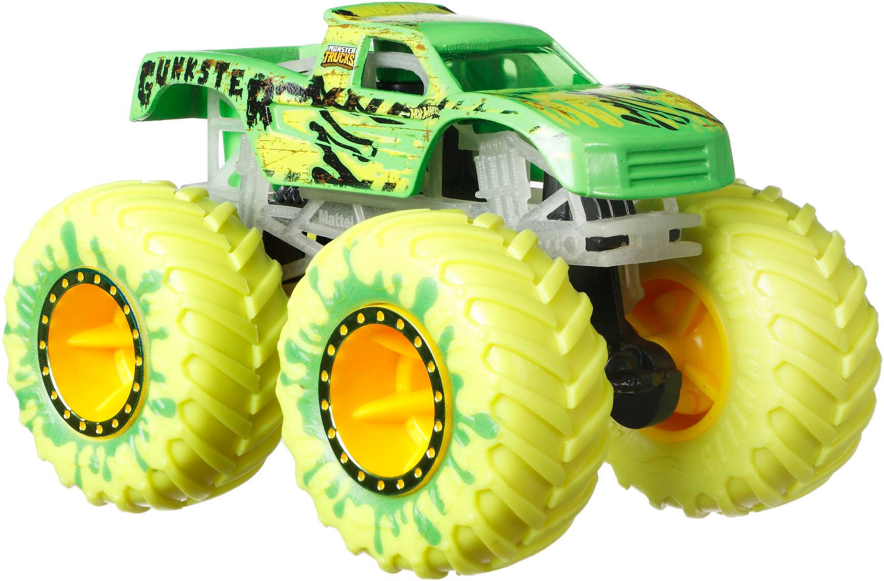 The text on the image reads "Gunster Truck," which is a play on the word "monster." The truck is green and yellow, and it has large wheels.