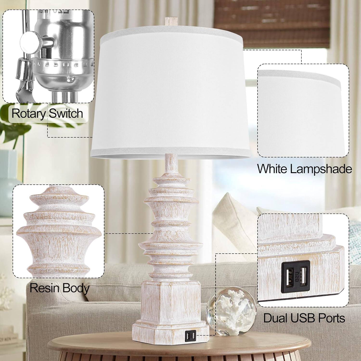 - Rotary Switch
- White Lampshade
- Resin Body
- Dual USB Ports