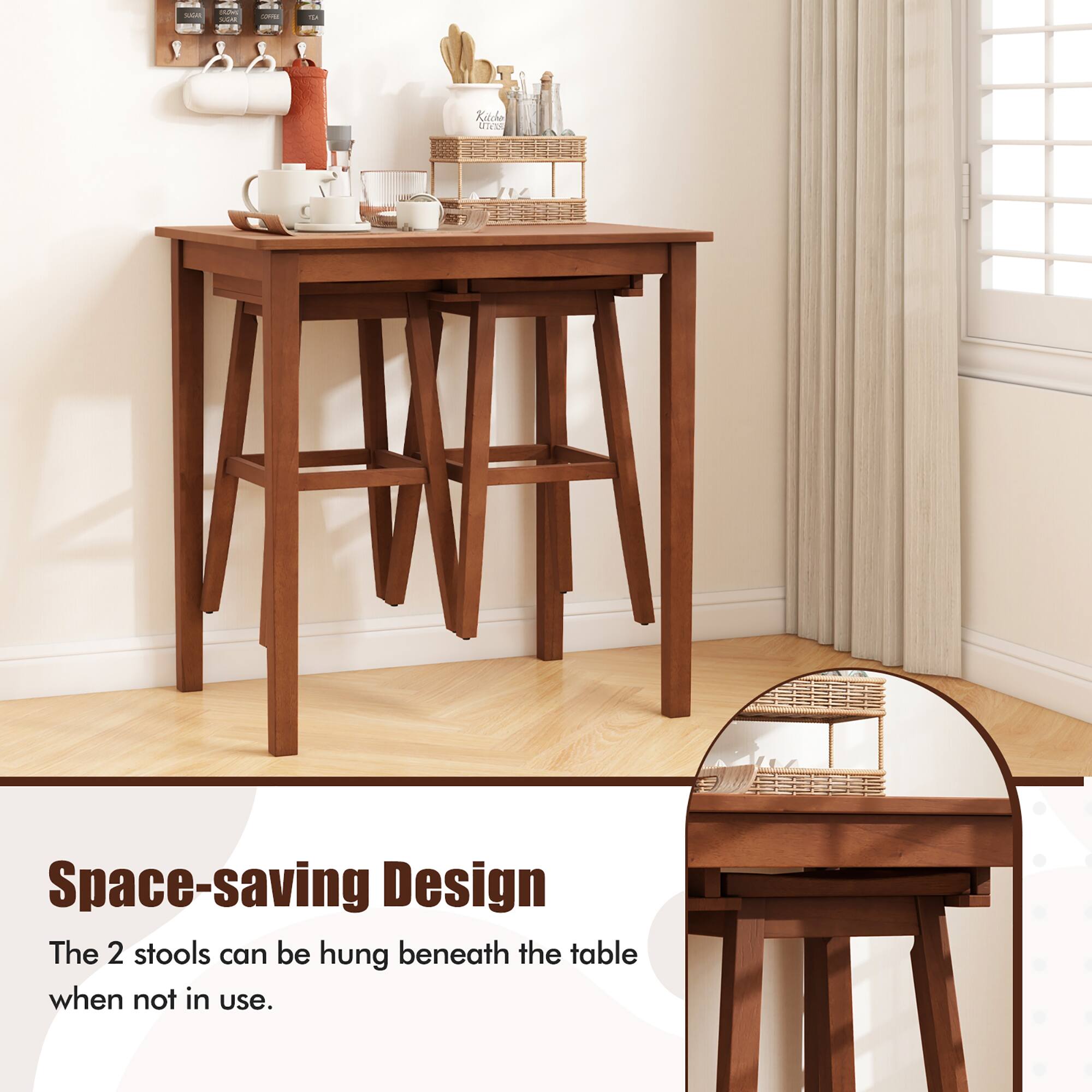 Space-saving Design  
The 2 stools can be hung beneath the table when not in use.