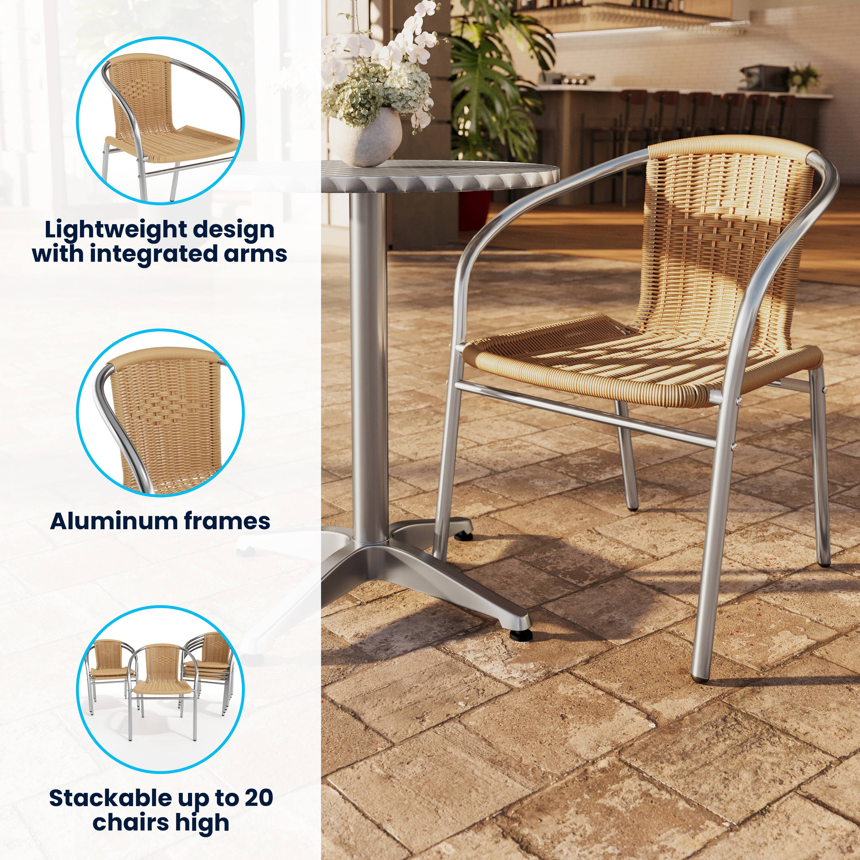 Lightweight design with integrated arms  
Aluminum frames  
Stackable up to 20 chairs high