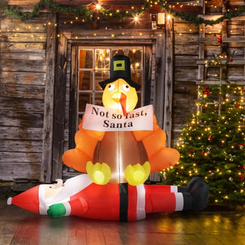 Winado - 5FT Christmas Inflatable Turkey Sitting on Santa Claus with Built-in LED Lights for Holiday Party Lawn Garden Decoration - Multicolor
