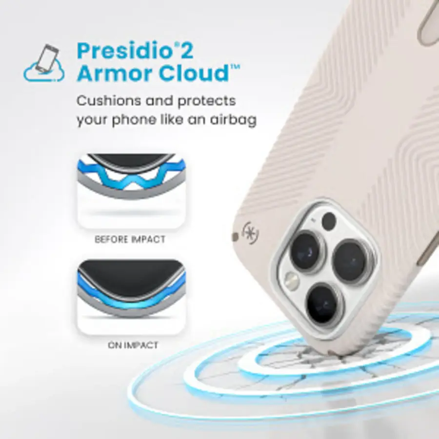 Presidio 2 Armor Cloud: Cushions and protects your phone like an airbag. BEFORE IMPACT. ON IMPACT.