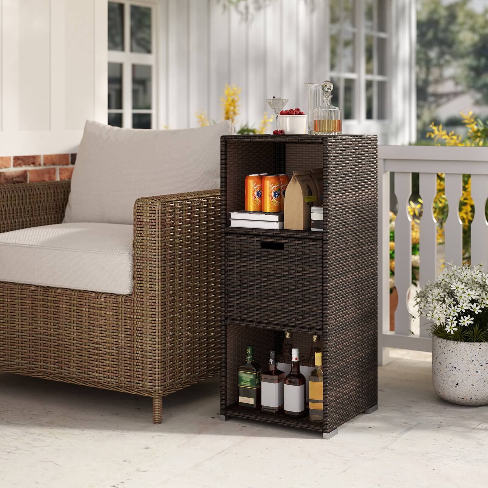 Alt View 1. Costway - Costway Outdoor Storage Cabinet with Storage Shelves Drawer and Rolling Wheels for Porch - Brown.
