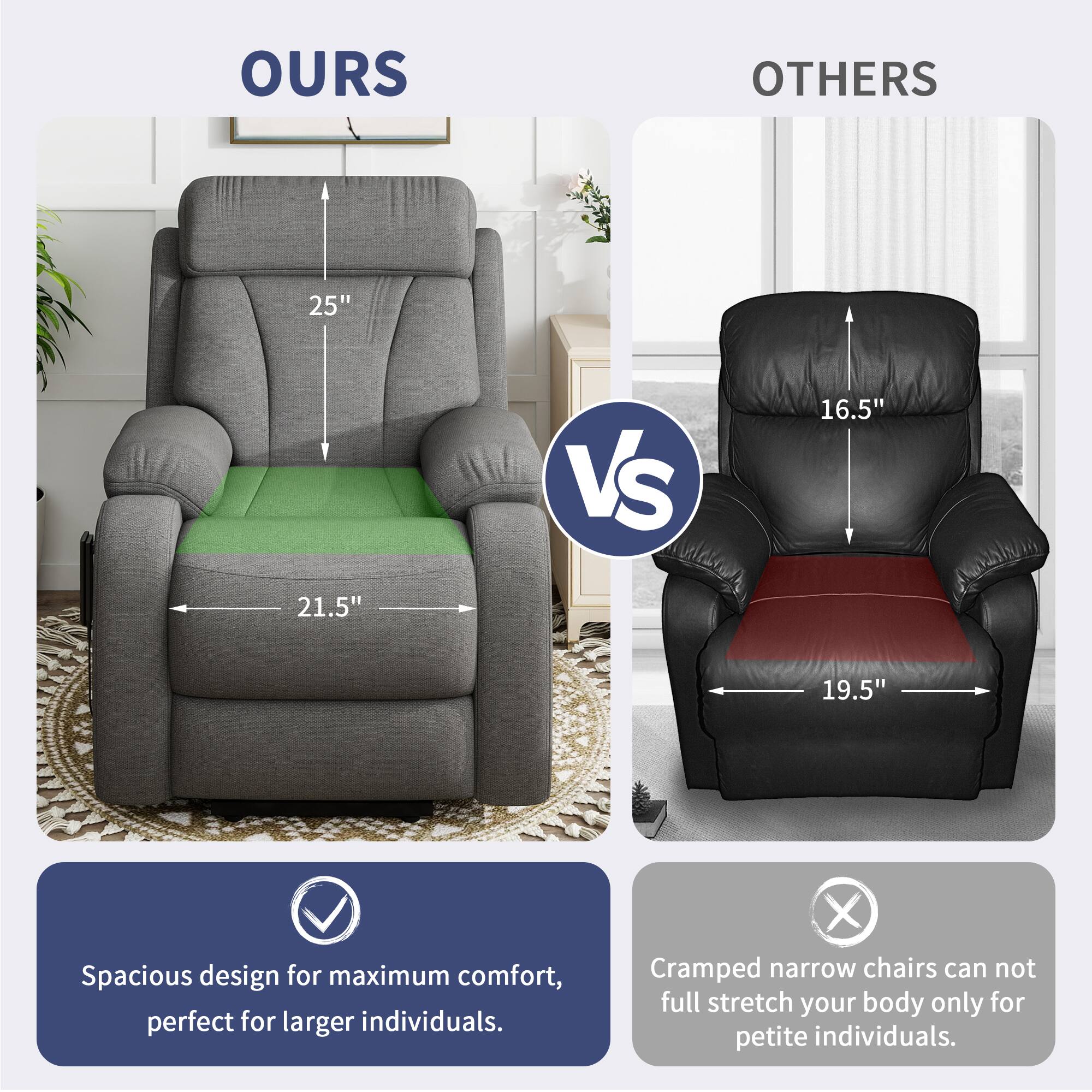 **OURS**

- 25" (height)
- 21.5" (width)

**OTHERS**

- 16.5" (height)
- 19.5" (width)

---

**Spacious design for maximum comfort, perfect for larger individuals.**

**Cramped narrow chairs can not full stretch your body only for petite individuals.**
