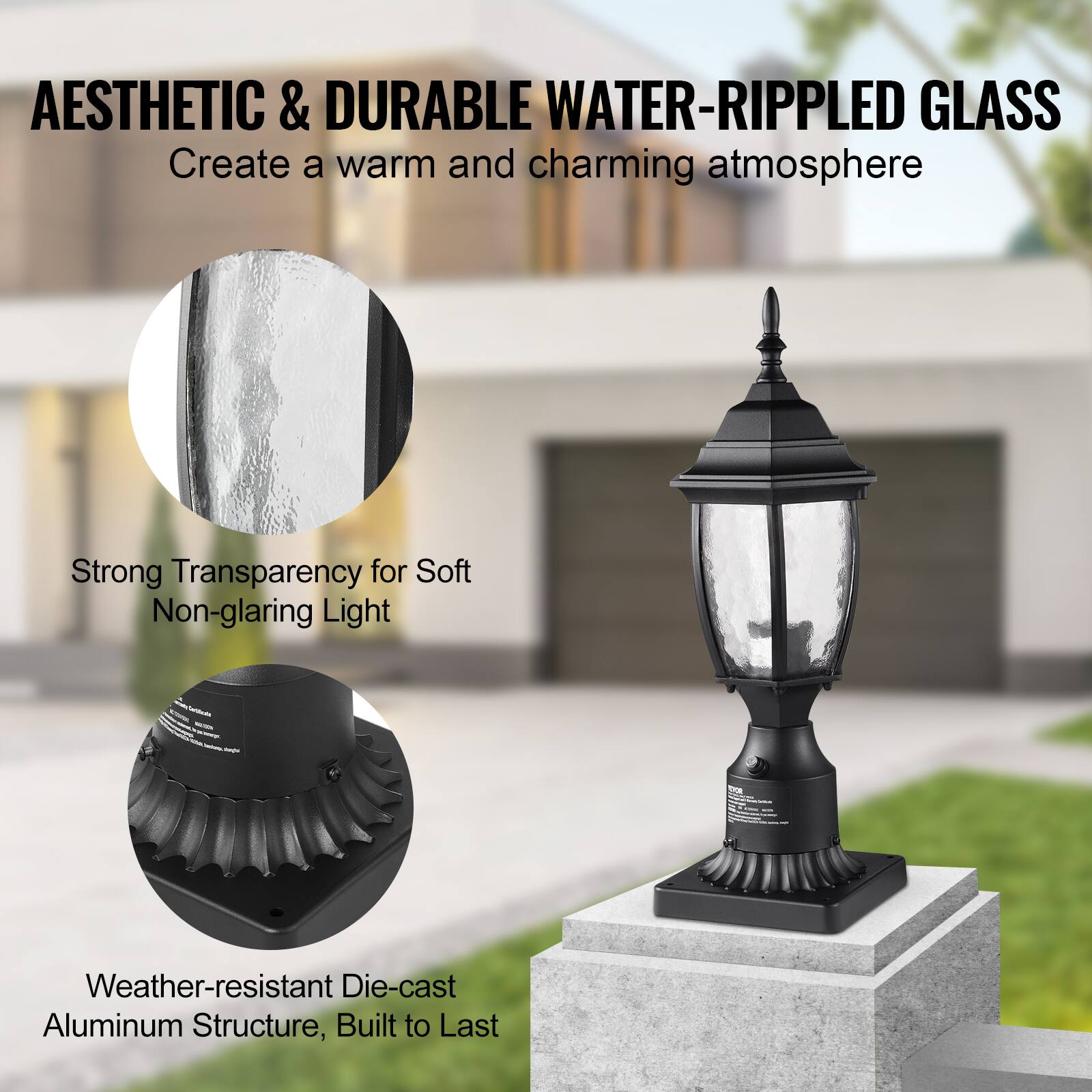 AESTHETIC & DURABLE WATER-RIPPLED GLASS  
Create a warm and charming atmosphere  

Strong Transparency for Soft Non-glaring Light  

Weather-resistant Die-cast Aluminum Structure, Built to Last