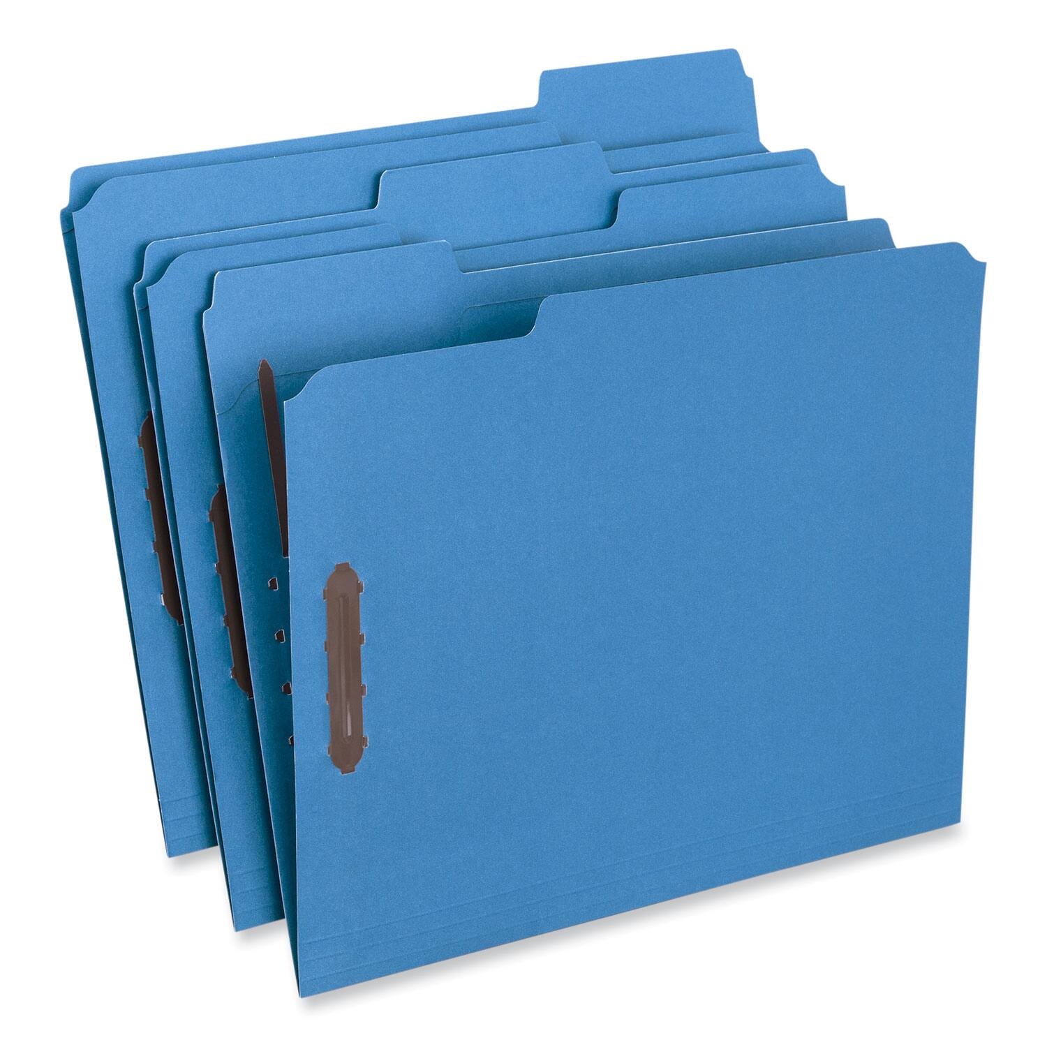 Angle. Universal - Deluxe Reinforced Top Tab Fastener Folders, 0.75" Expansion, 2 Fasteners, Letter Size, Blue Exterior, 50/Box.