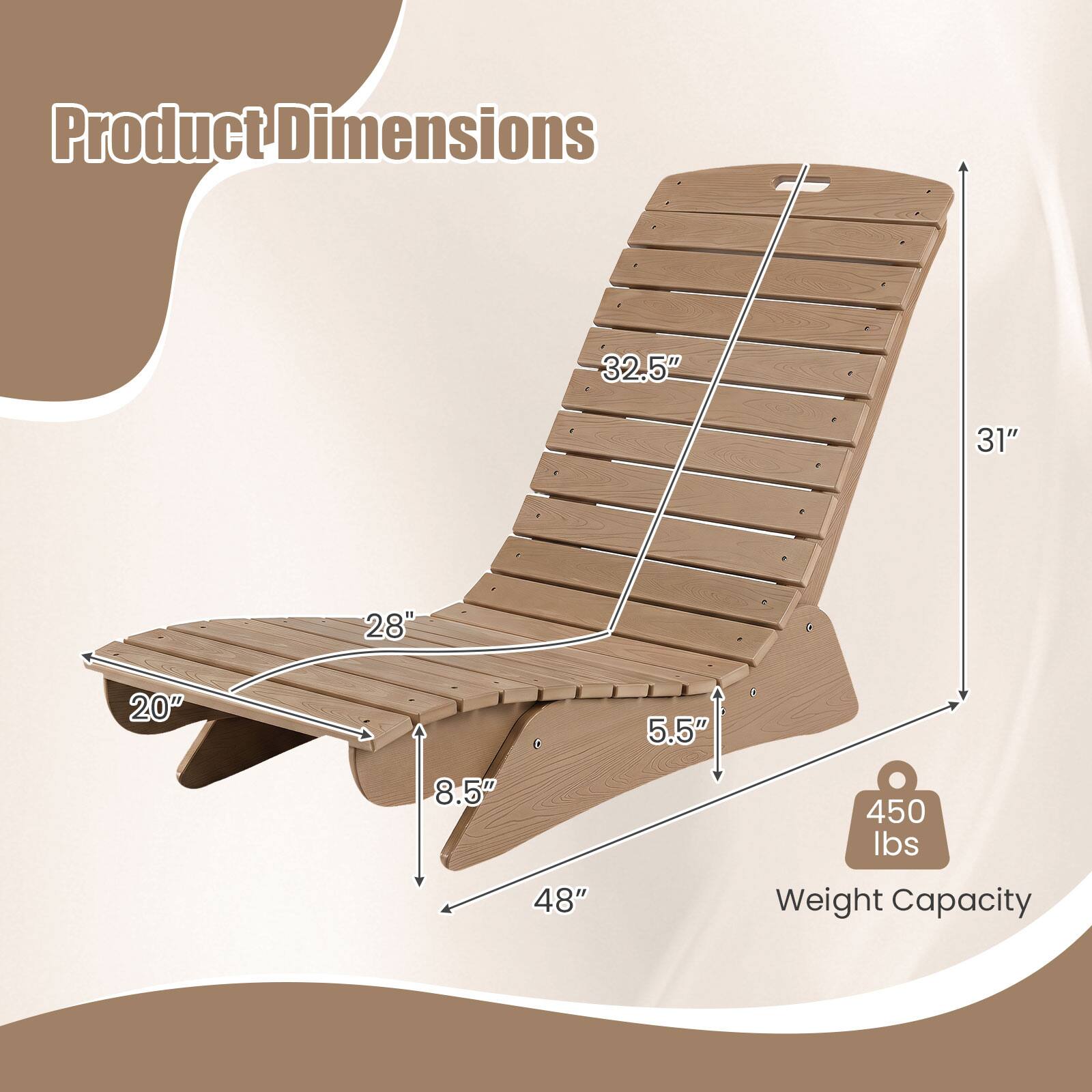 Product Dimensions
- 32.5"
- 31"
- 28"
- 20"
- 5.5"
- 8.5"
- 48"

Weight Capacity
- 450 lbs