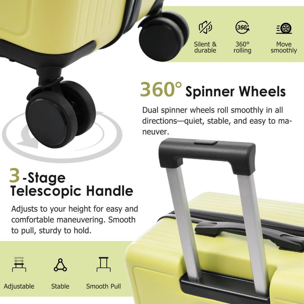 360° Spinner Wheels  
Dual spinner wheels roll smoothly in all directions—quiet, stable, and easy to maneuver.

3-Stage Telescopic Handle  
Adjusts to your height for easy and comfortable maneuvering. Smooth to pull, sturdy to hold.

Silent & durable  
360° rolling  
Move smoothly

Adjustable  
Stable  
Smooth Pull
