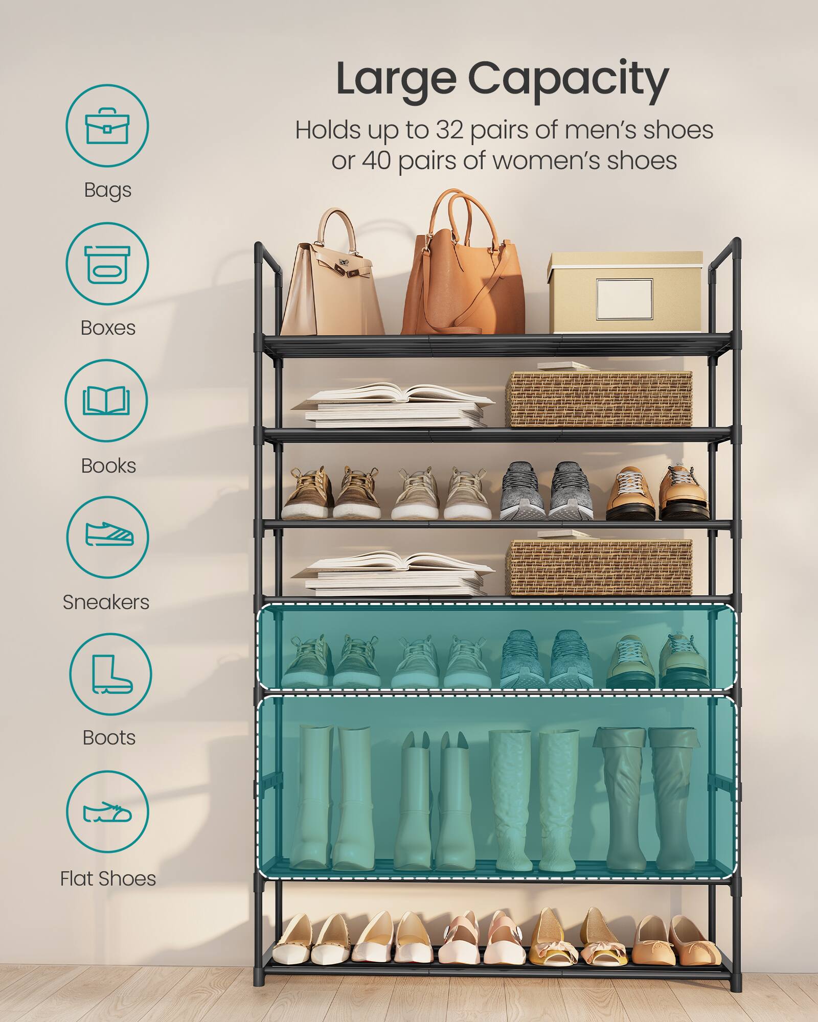 Large Capacity  
Holds up to 32 pairs of men's shoes or 40 pairs of women's shoes

- Bags
- Boxes
- Books
- Sneakers
- Boots
- Flat Shoes
