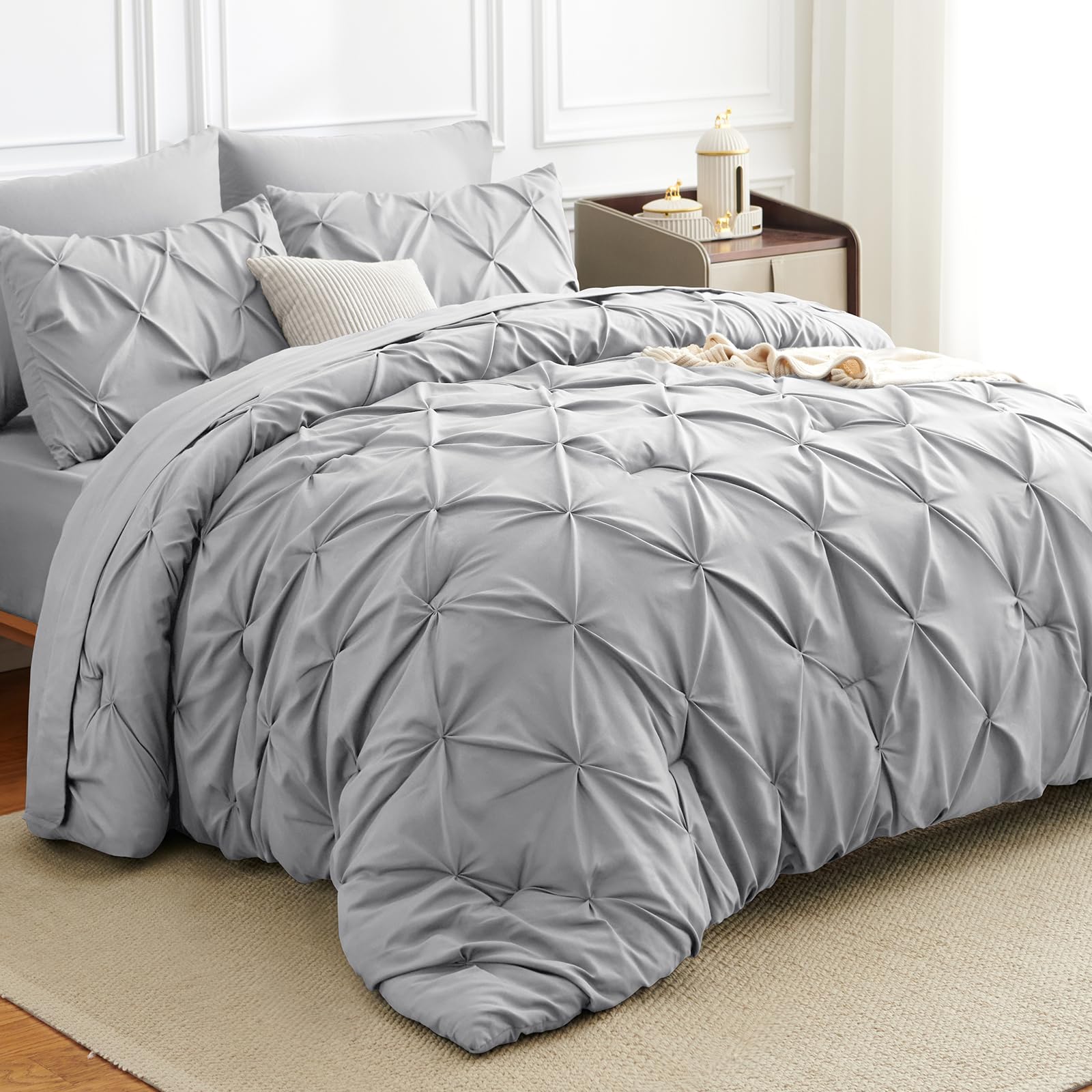Paradigms Interiors - Comforter Set 7 Pieces Bed In A Bag Luxury Soft Size Pintuck Pinch Pleat Bedding Sets With Flat Sheet Fitte - Light Grey-Full