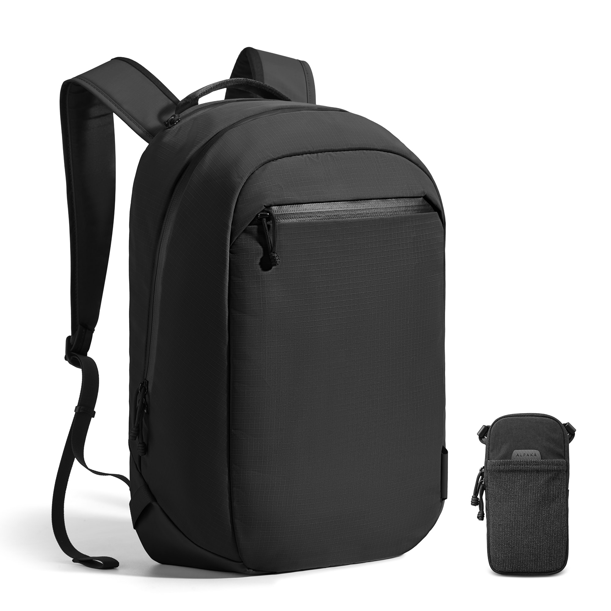 Front. ALPAKA - AERO PACK 16L & Modular Shoulder Pocket Slim Bundle,16" Laptop Travel Backpack with Quick-Access Passport Pocket - Black Axoflux 210D.