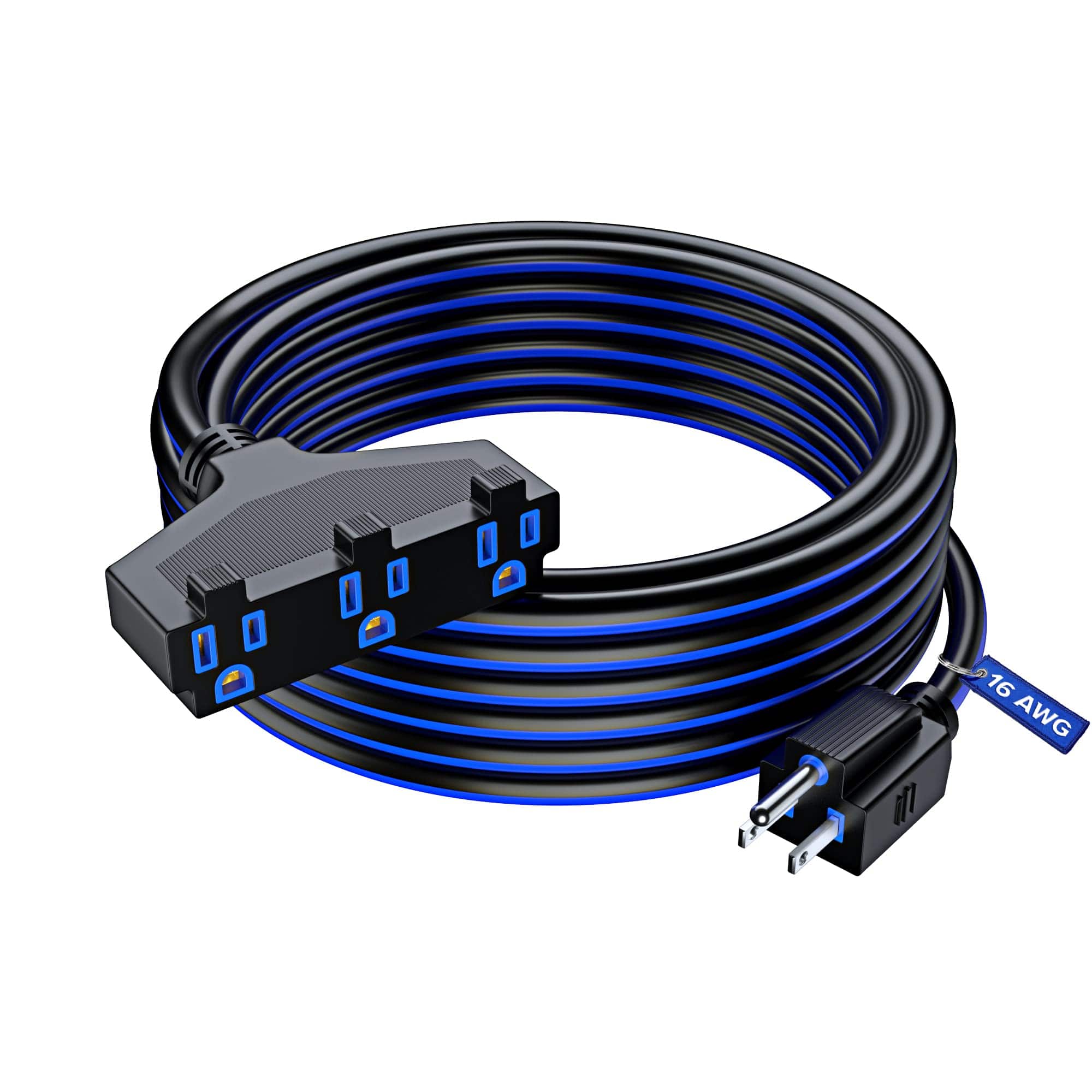 Maximm - Extension Cord 30 ft, SJTW Extension Cord with Multiple Outlets, 16 Gauge ETL Listed - Black and Blue