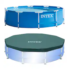 Intex - Metal Frame Above Ground Swimming Pool w/ 10 Foot Round Swimming Pool Cover