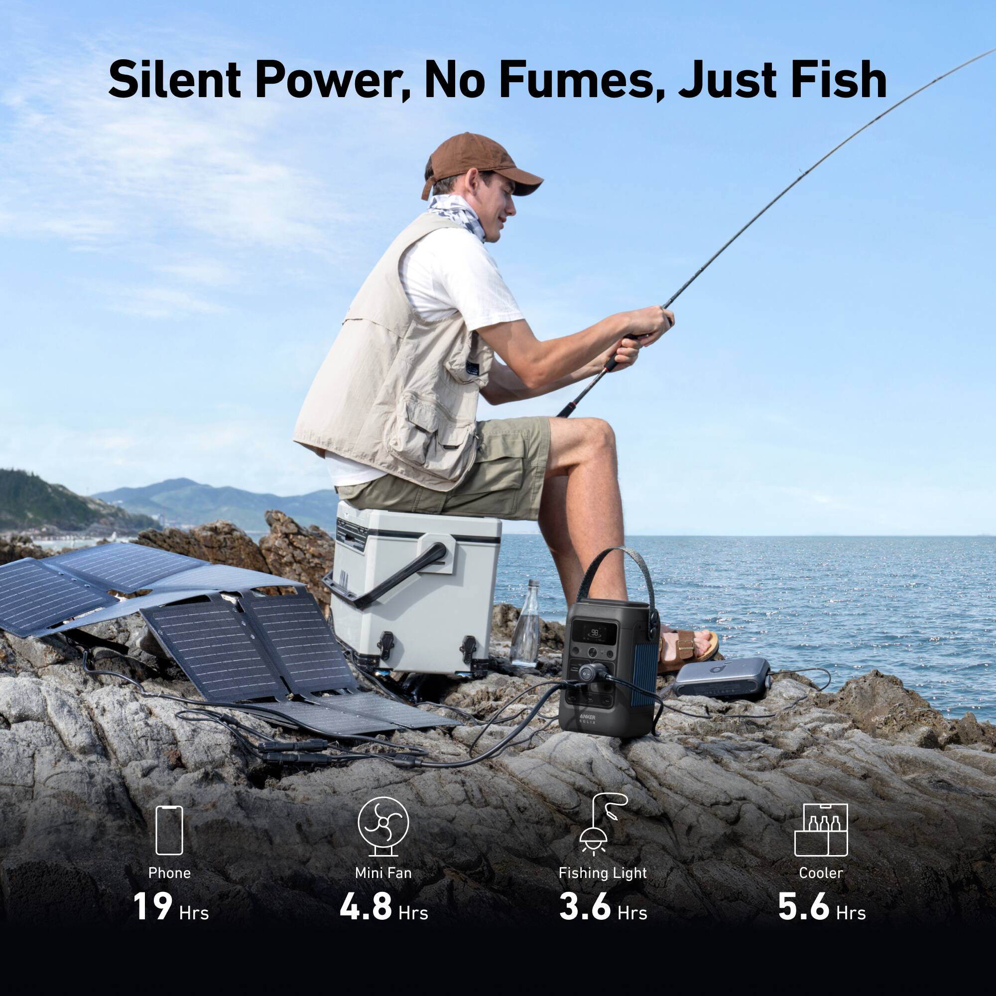 Silent Power, No Fumes, Just Fish

- Phone: 19 Hrs
- Mini Fan: 4.8 Hrs
- Fishing Light: 3.6 Hrs
- Cooler: 5.6 Hrs