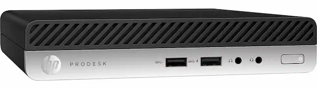 Front. HP - ProDesk 400 G5 Mini Desktop (i5-9500T, 16GB, 512GB SSD, Intel UHD 630, Bluetooth, Win 11 Pro) - Black.