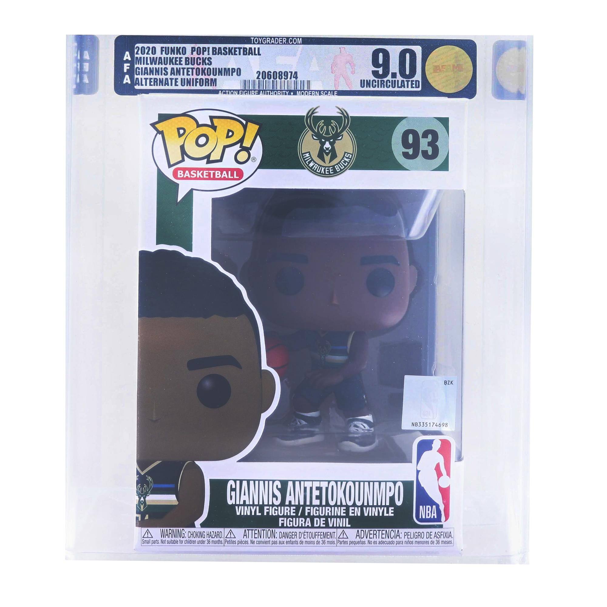 2020 Funko Pop! Basketball  
Milwaukee Bucks  
Giannis Antetokounmpo  
Alternate Uniform  
20608974  
A8A  
9.0  
Uncirculated  
Modern Scale  
93  
Milwaukee Bucks  
Pop! Basketball  
Giannis Antetokounmpo  
Vinyl Figure / Figurine en Vinyle / Figura de Vinil  
NBA  
Warning: Choking Hazard - Small parts. Not for children under 3 years.  
Attention: Danger de suffocation - Petites pièces. Ne convient pas aux enfants de moins de 3 ans.  
Advertencia: Peligro de asfixia - Piezas pequeñas. No adecuado para menores de 3 años.