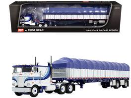 First Gear - Peterbilt 352 COE 110" Sleeper and 53’ Wilson Roadbrute Flatbed Trailer with Covered Wagon White with Blue Stripes 1/64 - White and Blue
