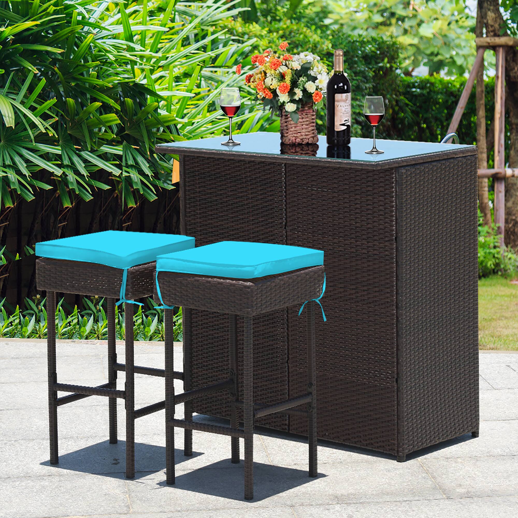 Alt View 3. Costway - 3PCS Patio Rattan Wicker Bar Table Stools Dining Set Cushioned Chairs - Mixed Brown/turquoise.