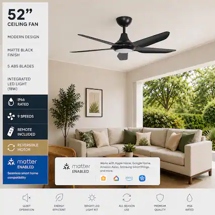 52" CEILING FAN
MODERN DESIGN
MATTE BLACK FINISH
5 ABS BLADES
INTEGRATED LED LIGHT (18W)
IP66 RATED
9 SPEEDS
REMOTE INCLUDED
REVERSIBLE MOTOR
MATTER ENABLED
Seamless smart home compatibility
Works with Apple Home, Google Home, Amazon Alexa, Samsung SmartThings, and more.
QUIET OPERATION
ENERGY EFFICIENT
BRIGHT LED LIGHT KIT
ALL SEASON USE
PREMIUM QUALITY
IP66 RATED