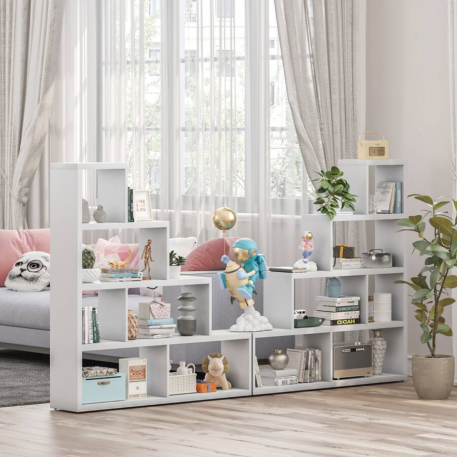 SILKYDRY L-Shaped Ladder Bookshelf - 4 Tier, 6 Cube Corner Shelf, Geometric Display Organizer For Living Room & Office