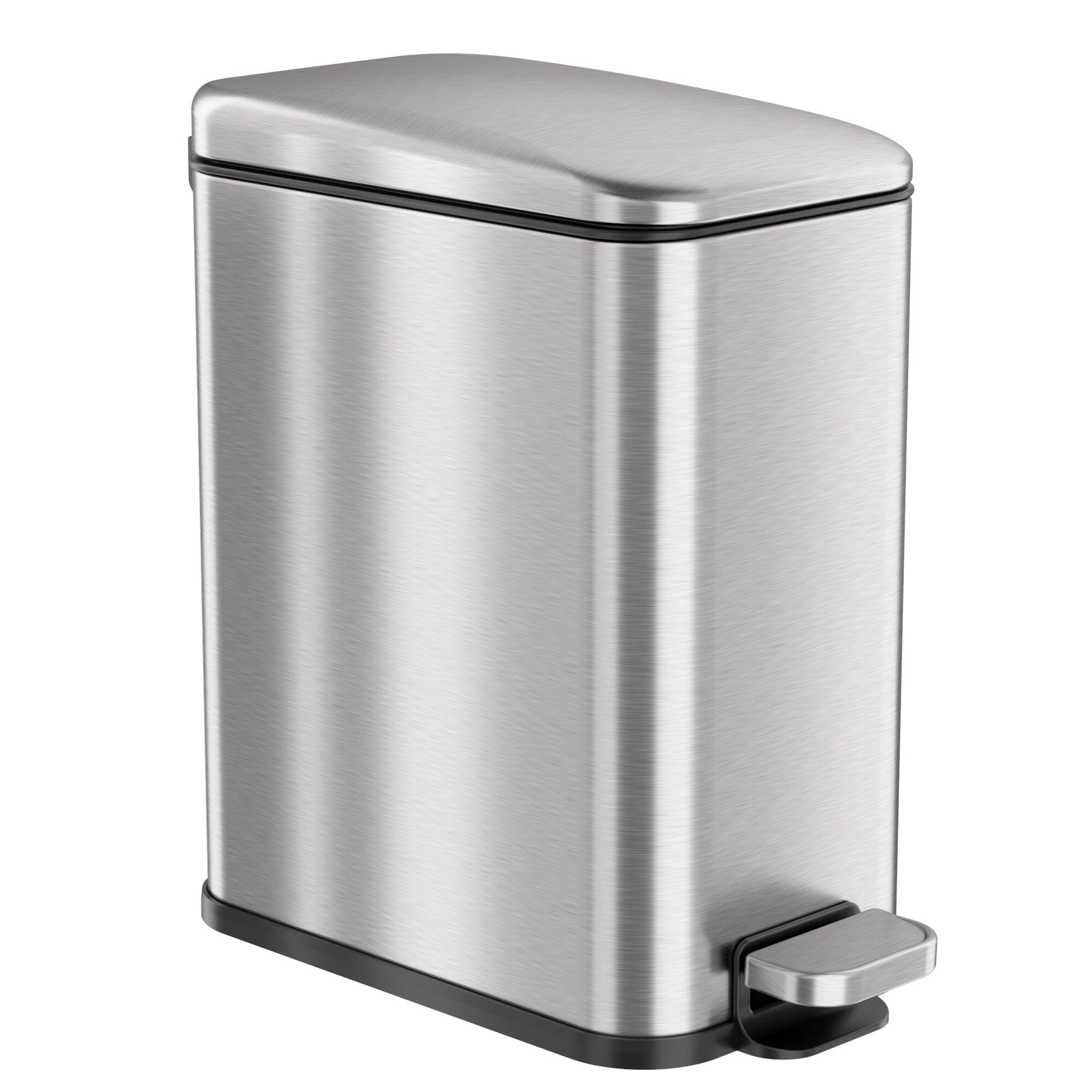 iTouchless - 1.3 Gallon SoftStep Stainless Steel Slim Step Pedal Bathroom Trash Can with AbsorbX Odor Filter - Silver
