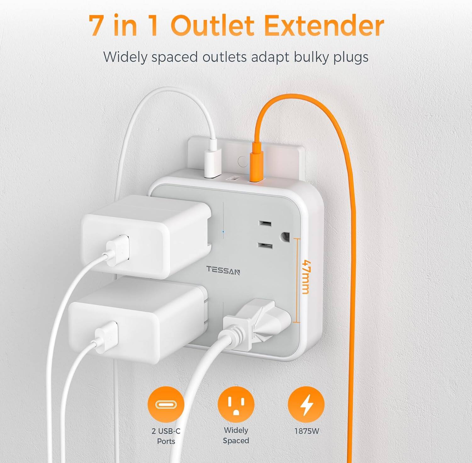 7 in 1 Outlet Extender  
Widely spaced outlets adapt bulky plugs  

TESSAN  
47mm  

2 USB-C Ports  
Widely Spaced  
1875W