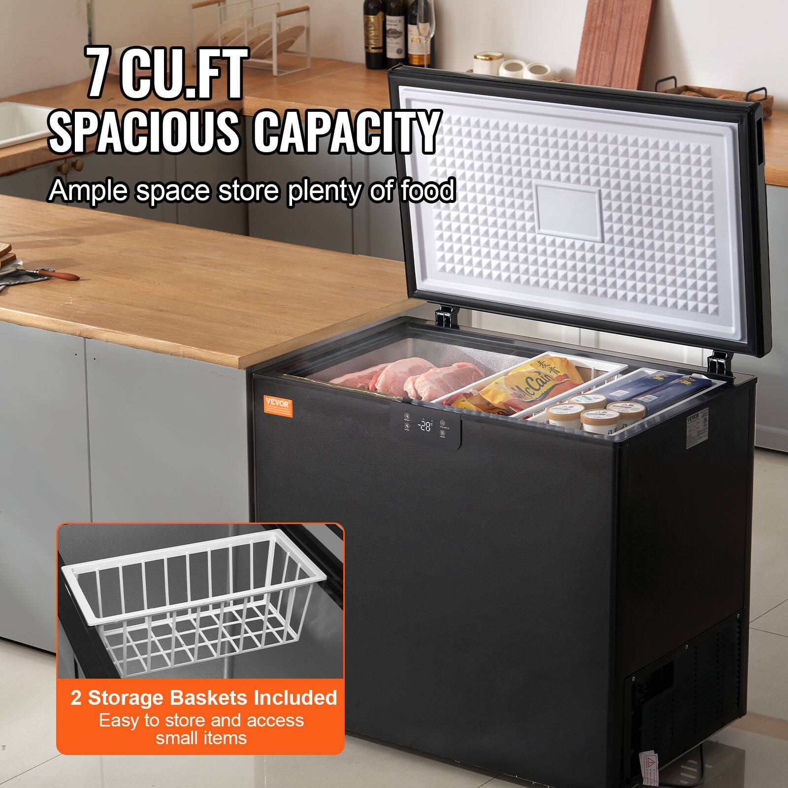 7 CU.FT SPACIOUS CAPACITY  
Ample space to store plenty of food  

2 Storage Baskets Included  
Easy to store and access small items