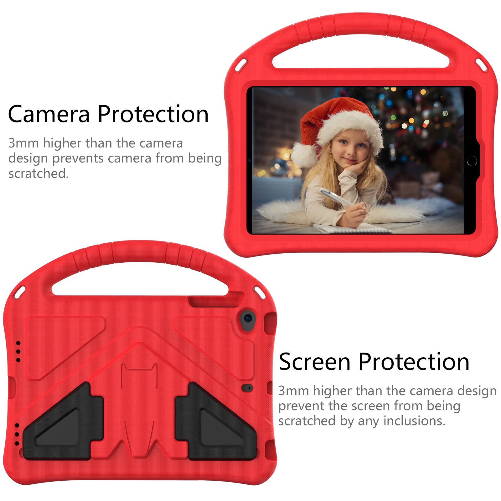 Camera Protection  
3mm higher than the camera design prevents camera from being scratched.  

Screen Protection  
3mm higher than the camera design prevent the screen from being scratched by any inclusions.