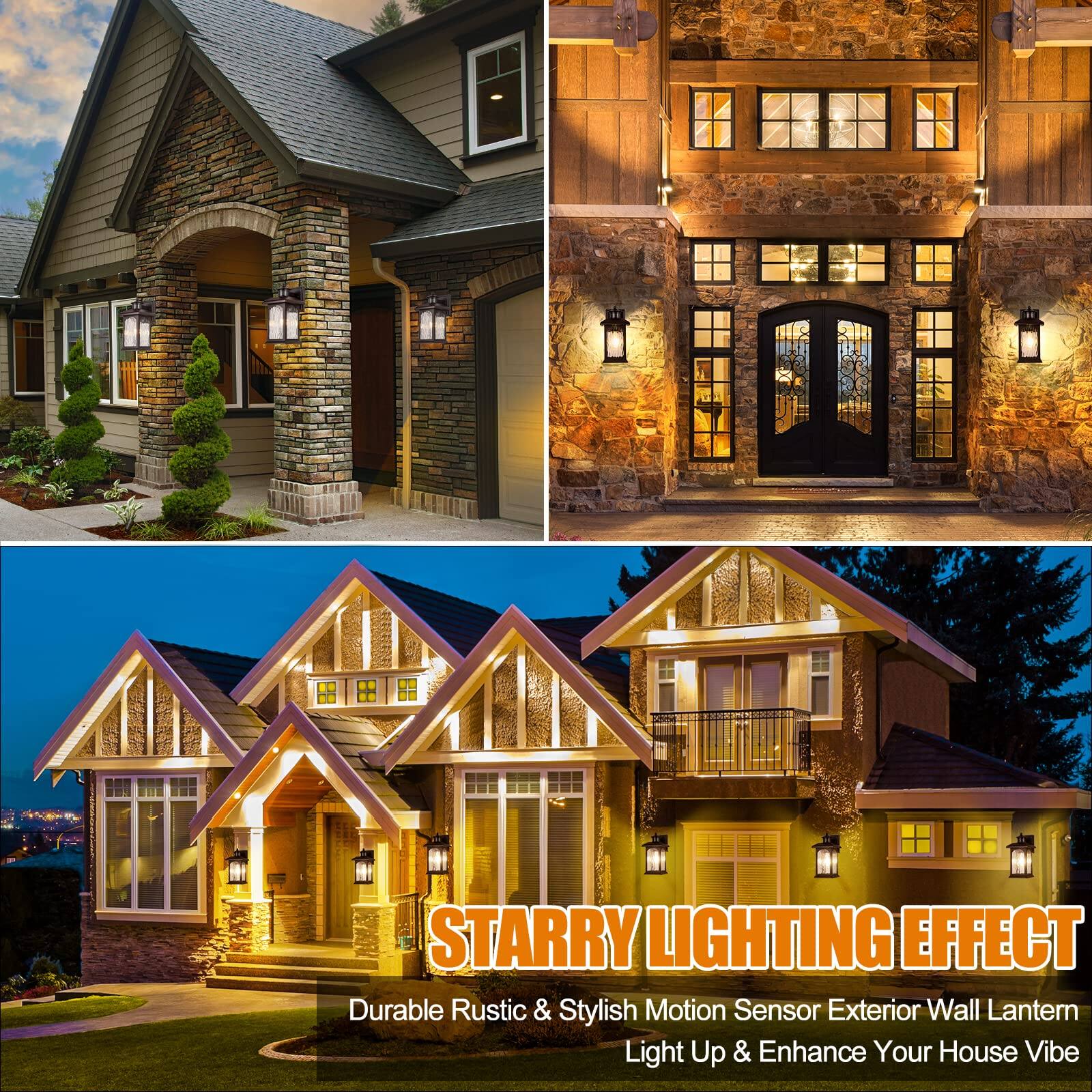 Starry Lighting Effect  
Durable Rustic & Stylish Motion Sensor Exterior Wall Lantern  
Light Up & Enhance Your House Vibe
