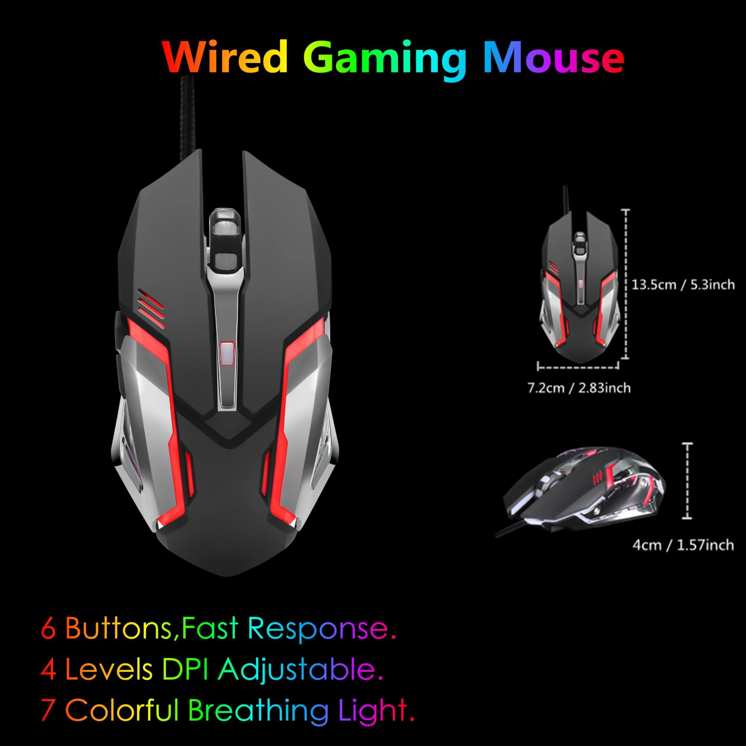 Wired Gaming Mouse

- 13.5cm / 5.3inch
- 7.2cm / 2.83inch
- 4cm / 1.57inch

6 Buttons, Fast Response.
4 Levels DPI Adjustable.
7 Colorful Breathing Light.