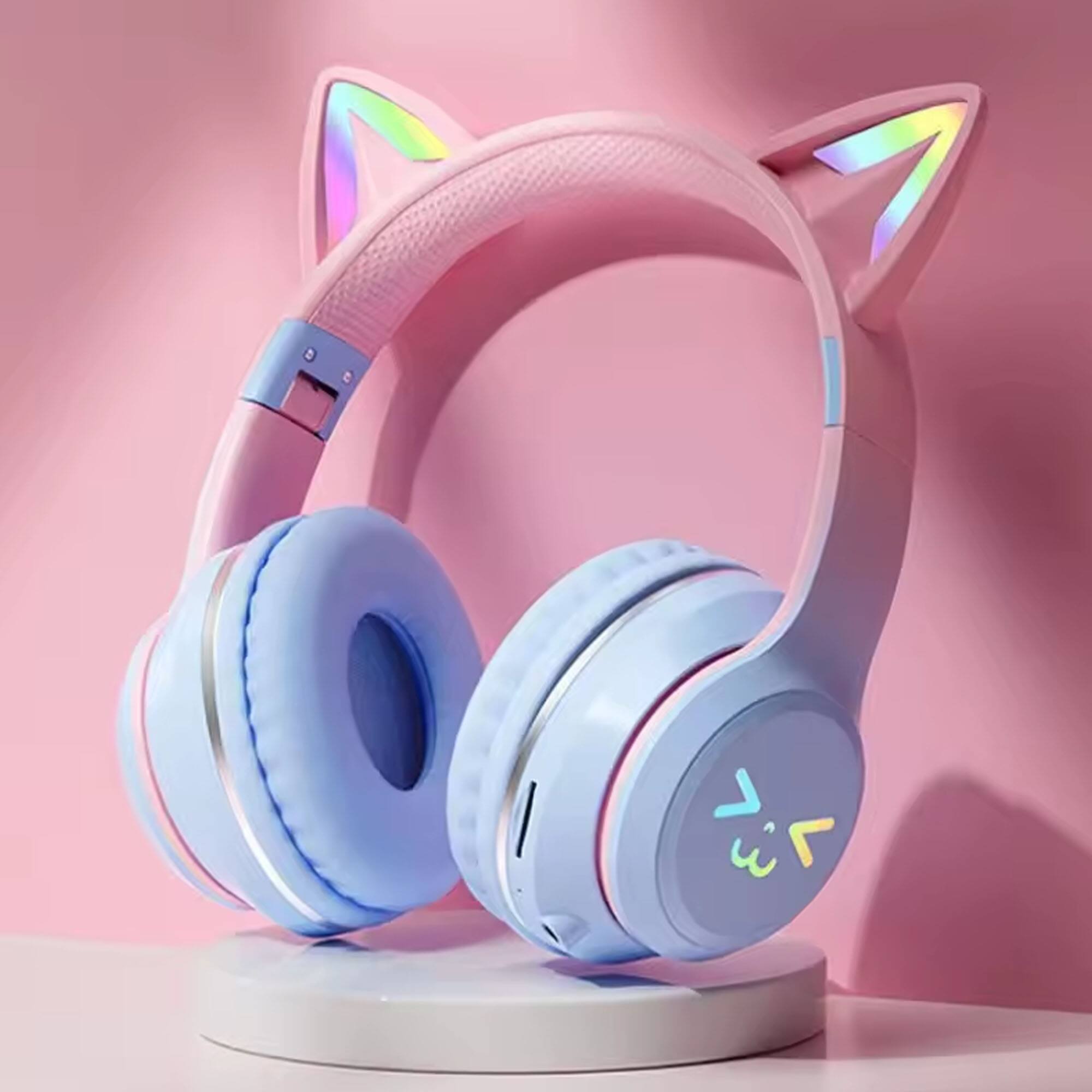 Front. YONWAY - Cute Cat Ear Bluetooth Headsets, LED Light Up Over Ear Headphones, Foldable Wireless Earphones for iPhone, iPad, Laptop.