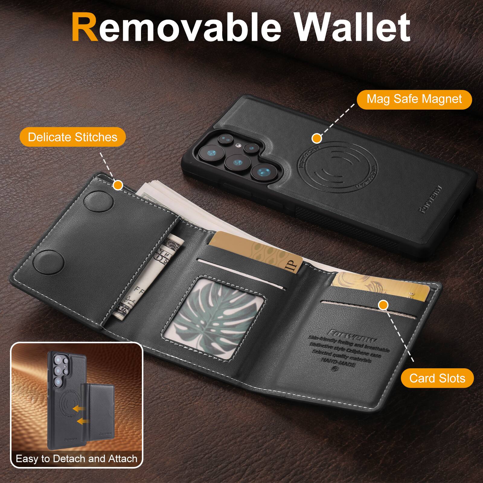 Removable Wallet

- Delicate Stitches
- Mag Safe Magnet
- Card Slots
- Easy to Detach and Attach

Feeling and Snapped style, breathable quality materials, Handmade