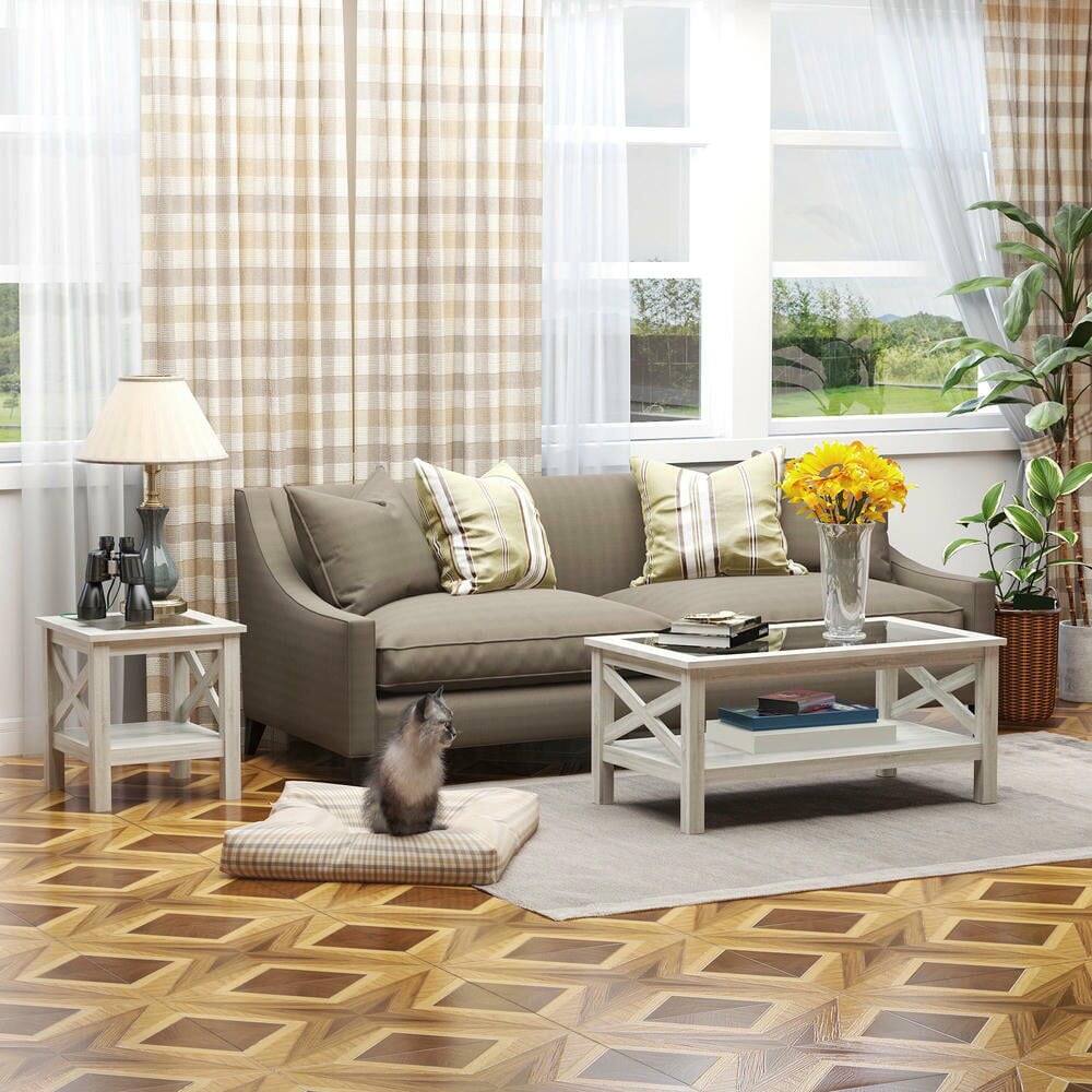 Alt View 1. Kadyn - Coffee Table With Tempered Glass Tabletop, Living Room Table, Wood Frame And Underneath Storage Shelf, X-Shaped - White.