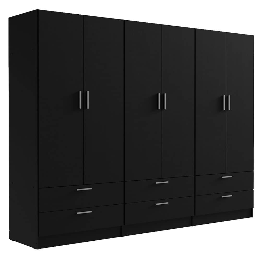 Madesa - 6 Doors 6 Drawers Wardrobe with Shelves and Hanging Space 94"L - Black