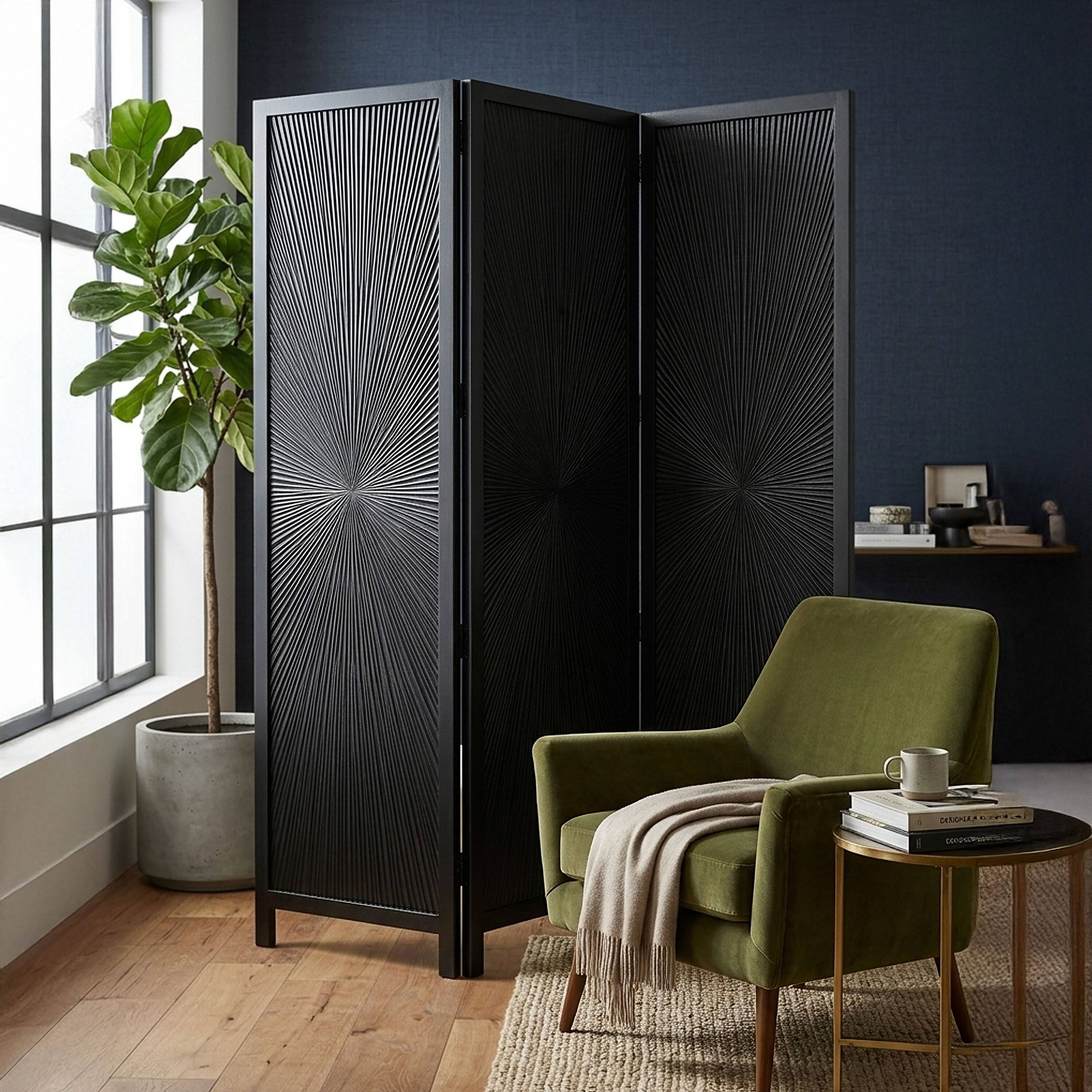 Alt View 4. Manhattan Lane - Cava 3 Panel Folding Room Divider Screen, Sunburst Design, Black Mango Wood, 60x72 Inch - Black.