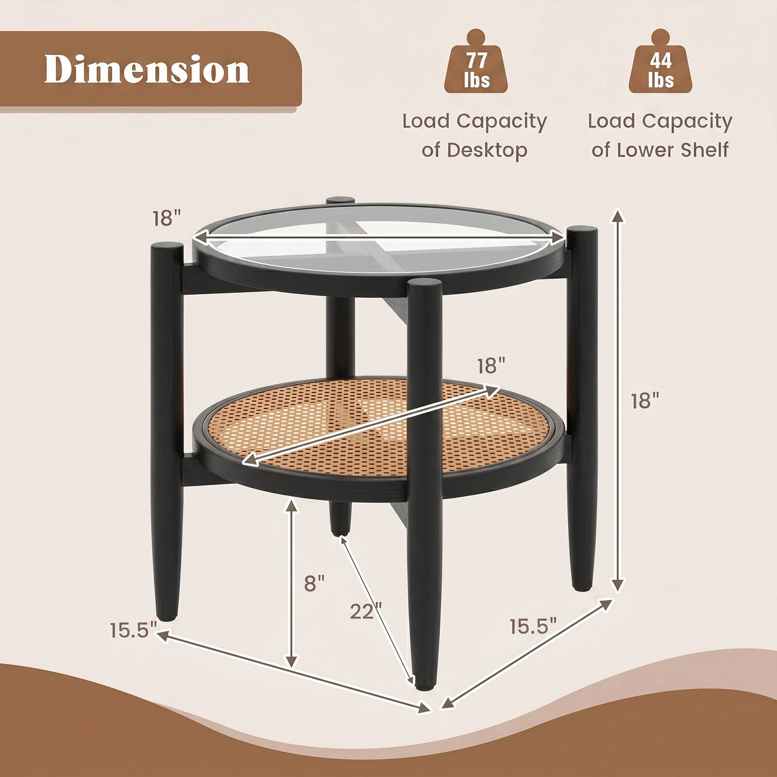 Dimension

77 lbs
44 lbs

Load Capacity of Desktop
Load Capacity of Lower Shelf

18"
18"
18"
15.5"
8"
22"
15.5"