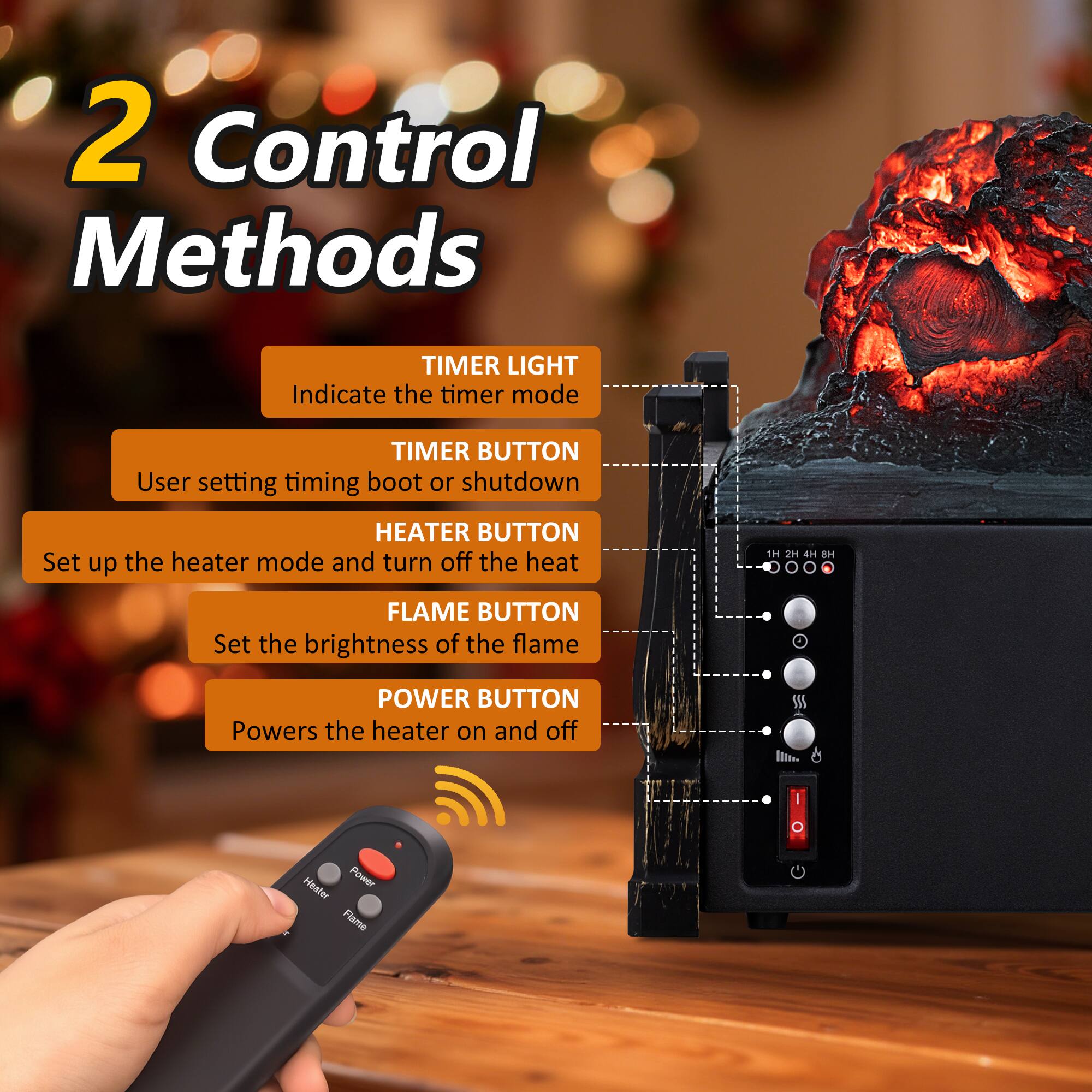 2 Control Methods

TIMER LIGHT  
Indicate the timer mode

TIMER BUTTON  
User setting timing boot or shutdown

HEATER BUTTON  
Set up the heater mode and turn off the heat

FLAME BUTTON  
Set the brightness of the flame

POWER BUTTON  
Powers the heater on and off