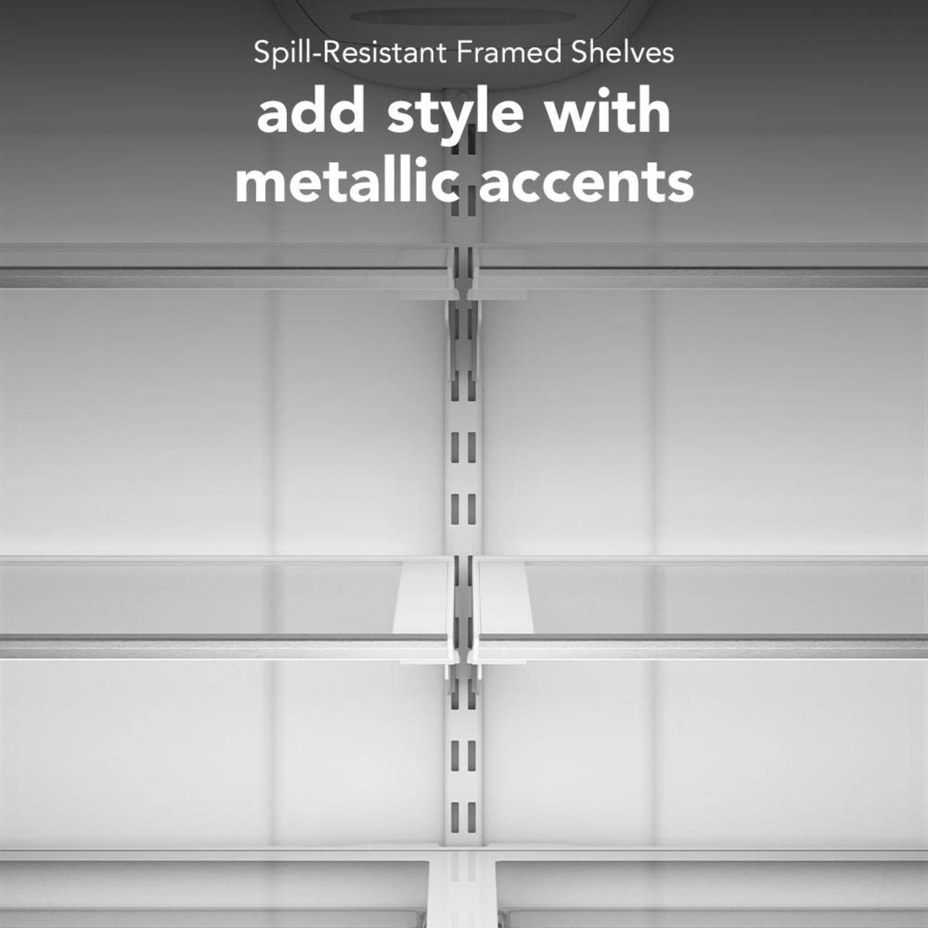 Spill-Resistant Framed Shelves add style with metallic accents