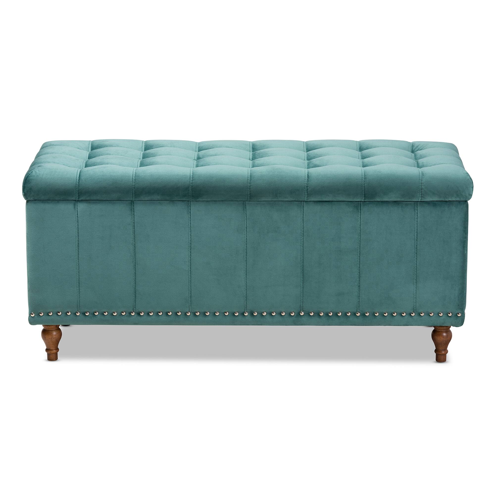 Left. Baxton Studio - Kaylee Modern and Contemporary Velvet Fabric Upholstered Button-Tufted Storage Ottoman Bench - Teal Blue/Brown.